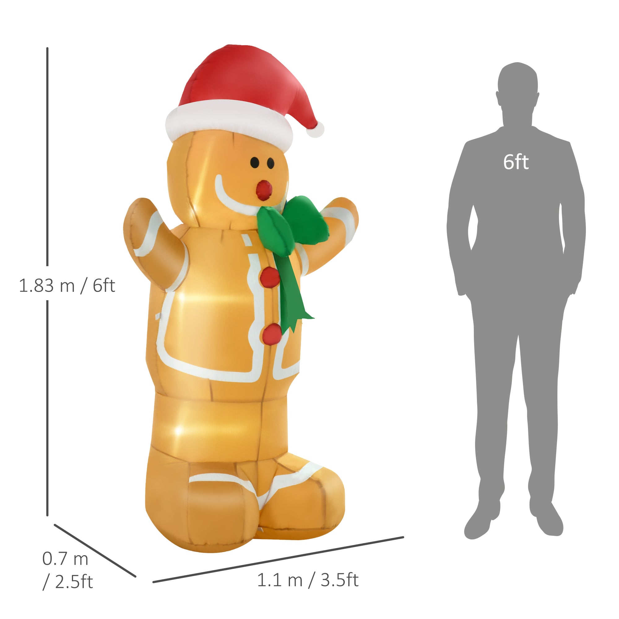 HOMCOM 183cm Christmas Inflatable Gingerbread Man Holiday Yard Lawn Decoration with LED Lights, Indoor Outdoor Blow Up Decor - anydaydirect