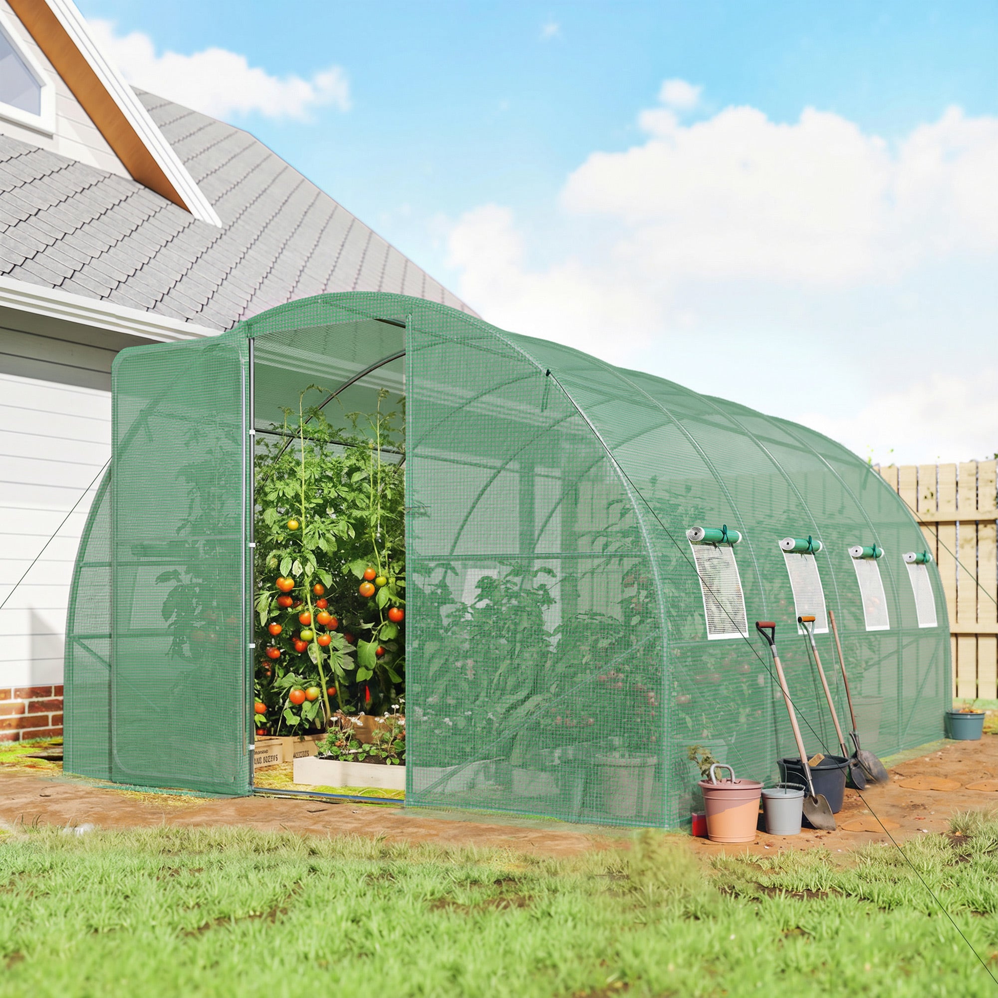 Outsunny 3 x 4 m Walk-in Polytunnel Greenhouse with Hinged Door and 8 Roll Up Mesh Windows, Garden Tunnel Warm House Tent, Green - anydaydirect
