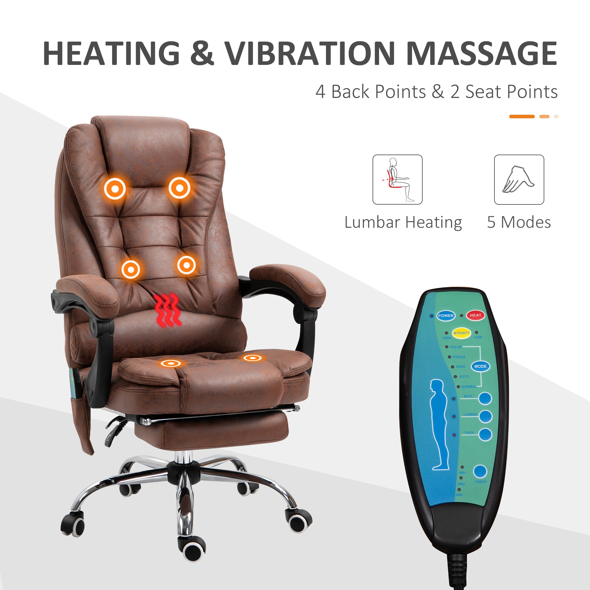 Vinsetto Heated 6 Points Vibration Massage Executive Office Chair Adjustable Swivel Ergonomic High Back Desk Chair Recliner with Footrest Brown - anydaydirect