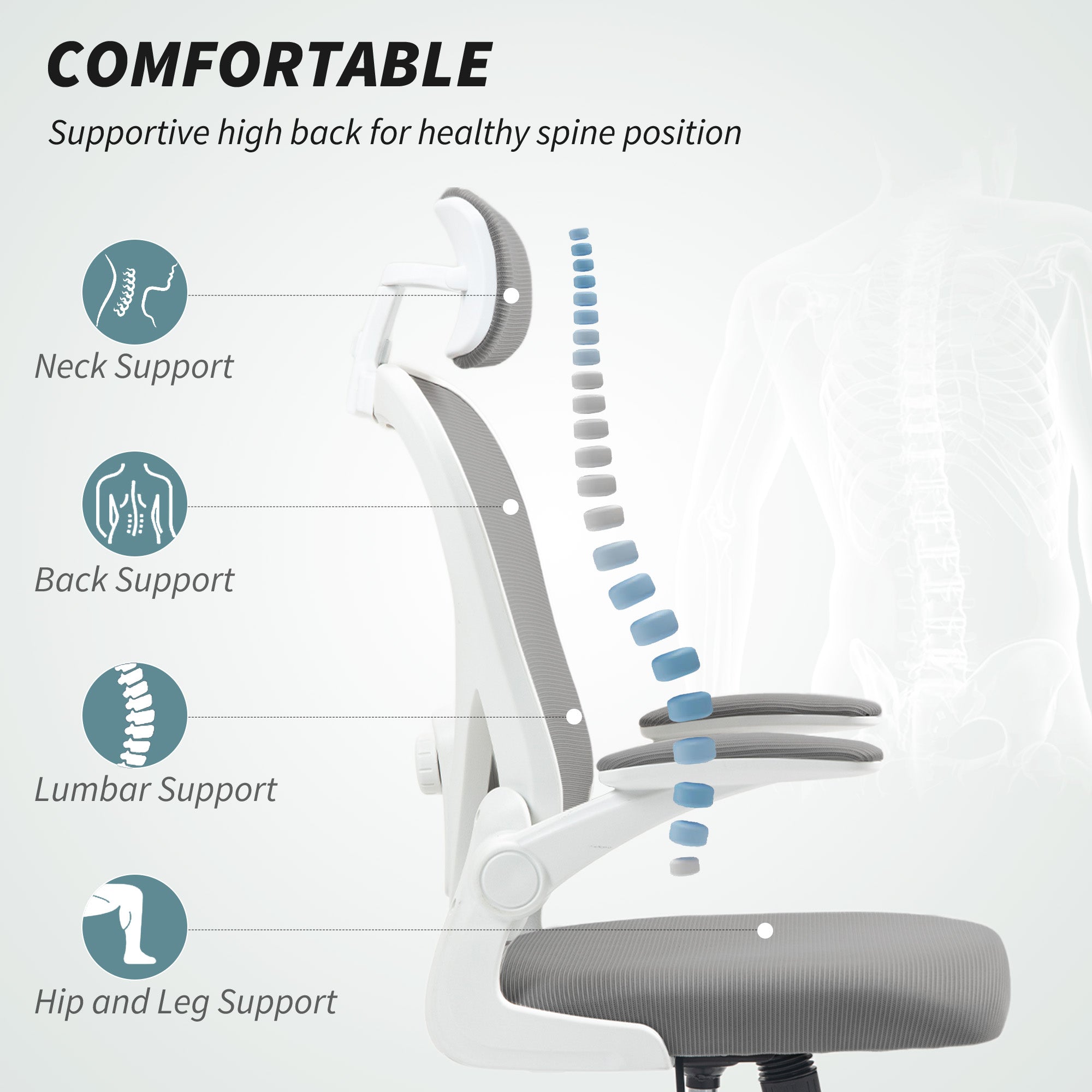 HOMCOM Executive Office Chair, Ergonomic Mesh High Back Desk Chair with Flip-up Armrest, Rotatable Headrest, Adjustable Lumbar Support for Home Study, Grey - anydaydirect