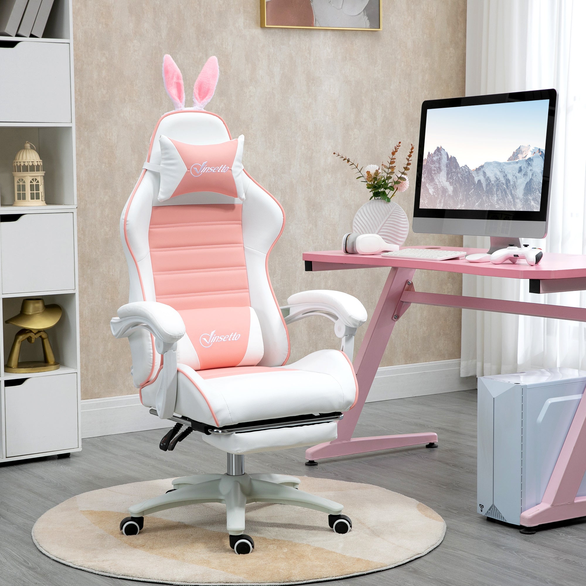 Vinsetto Racing Gaming Chair, Reclining PU Leather Computer Chair with Removable Rabbit Ears, Footrest, Headrest and Lumber Support, Pink - anydaydirect
