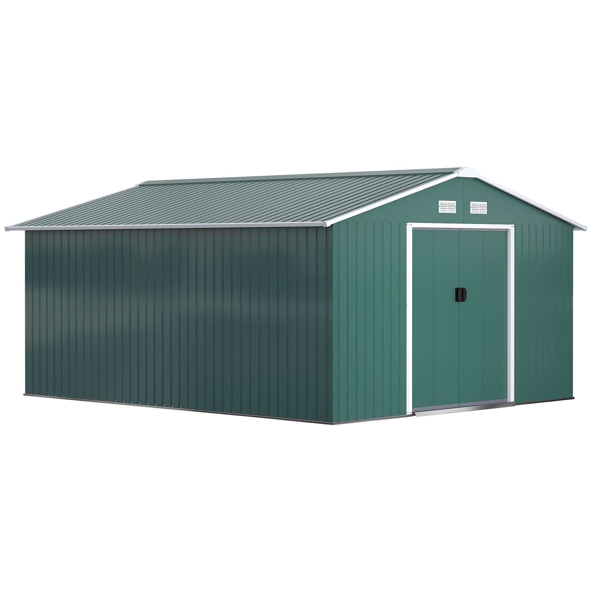 Outsunny 13 x 11 ft Metal Garden Shed Large Patio Roofed Tool Storage Box with Ventilation and Sliding Door, Deep Green - anydaydirect