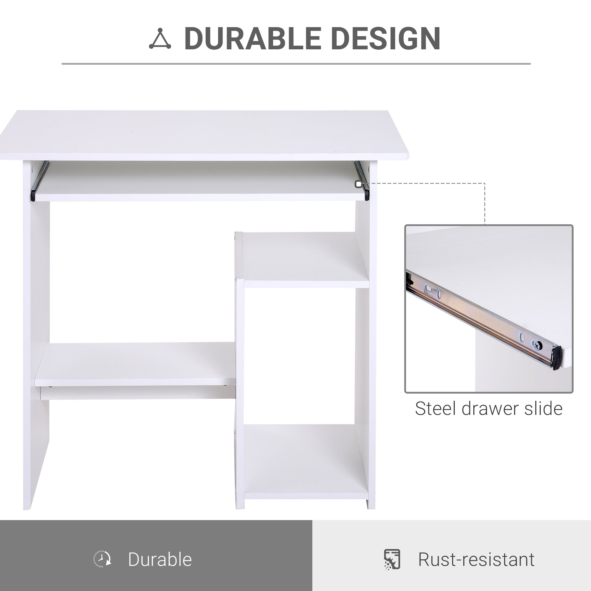 HOMCOM Compact Small Computer Table Wooden Desk Keyboard Tray Storage Shelf Modern Corner Table Home Office White - anydaydirect