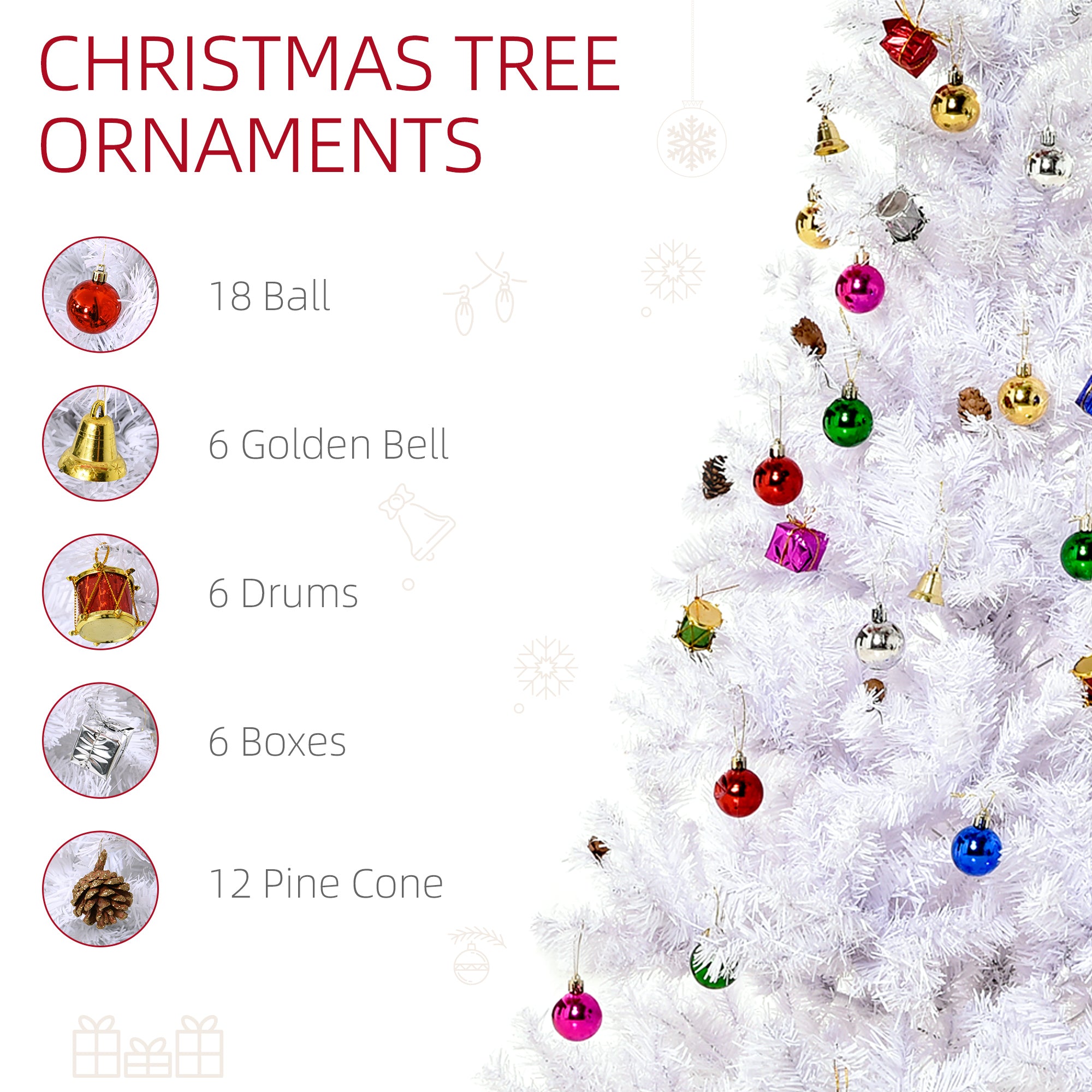 HOMCOM 4.9ft Artificial Christmas Tree Holiday Home Decoration with Xmas Ornaments and Metal Stand, White - anydaydirect