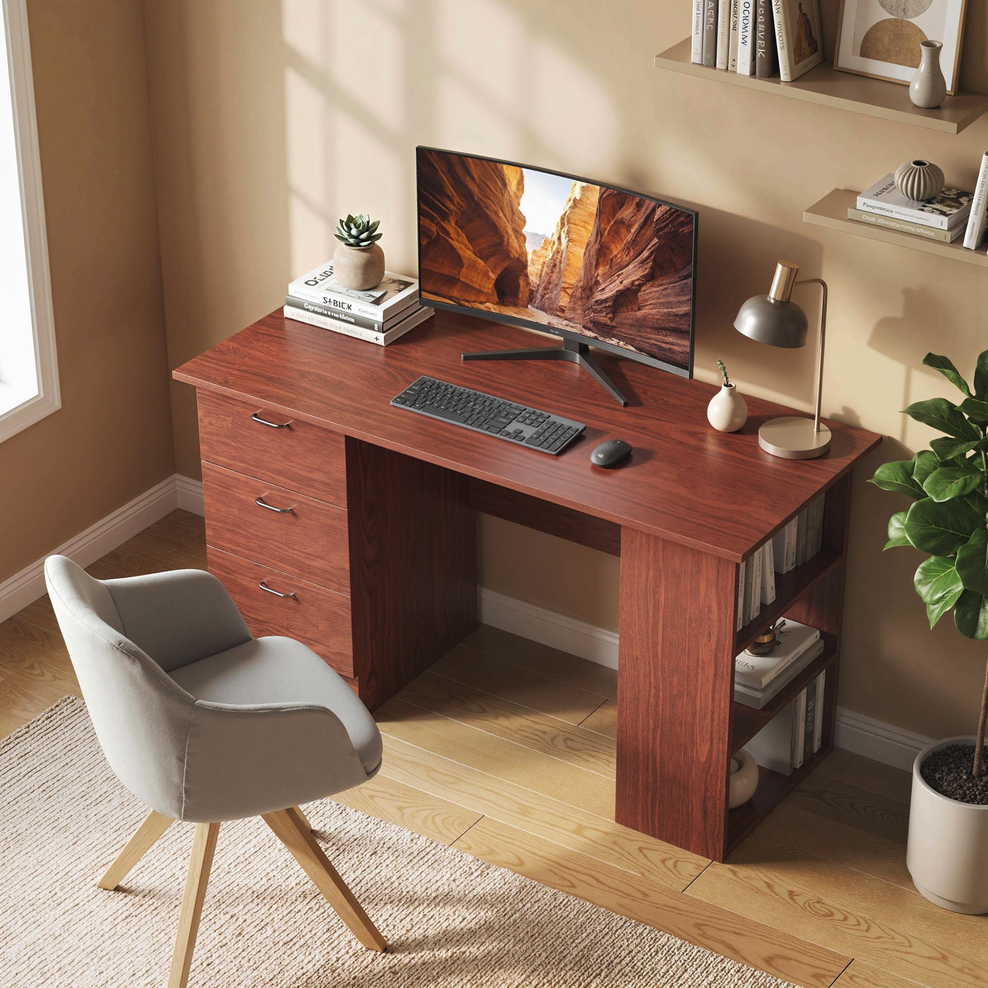 HOMCOM Computer Desk, Writing Table, PC Workstation with 3 Storage Shelves and Drawers, Handle, for Home Office, Walnut Brown - anydaydirect