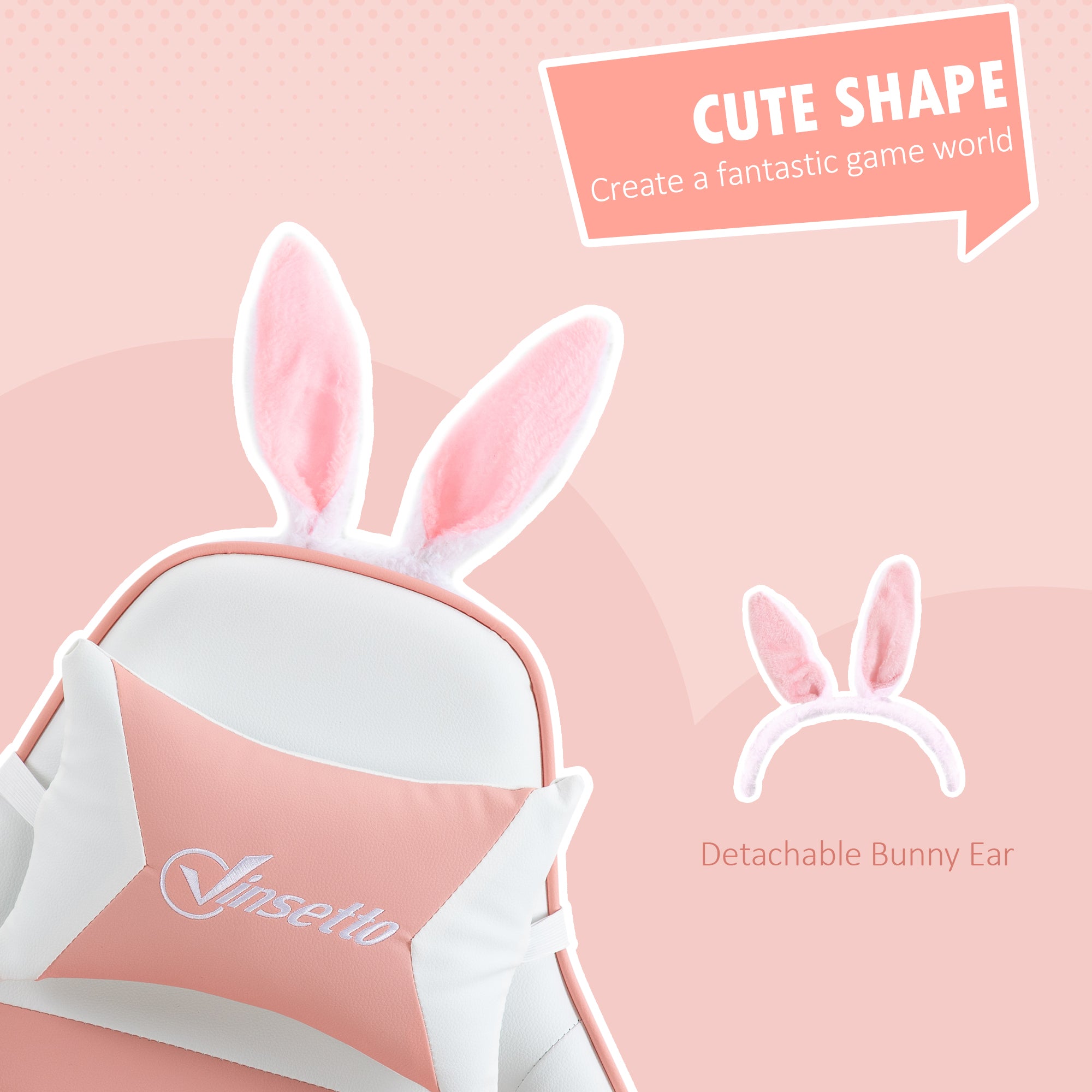 Vinsetto Racing Gaming Chair, Reclining PU Leather Computer Chair with Removable Rabbit Ears, Footrest, Headrest and Lumber Support, Pink - anydaydirect