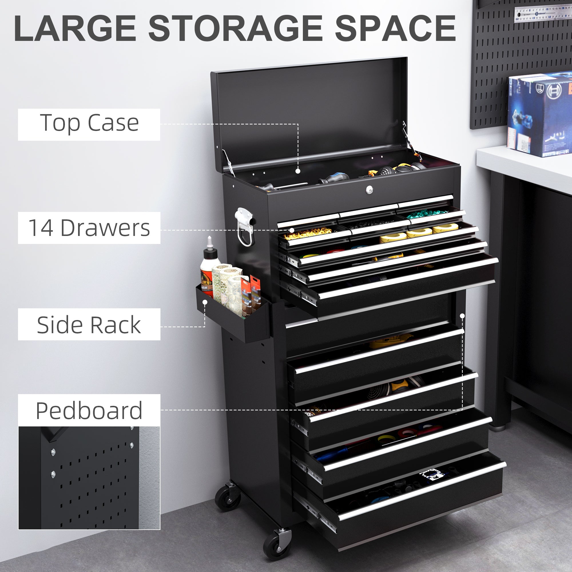HOMCOM 14 Drawer, Two-Part Tool Storage Chest on Wheels - Black - anydaydirect