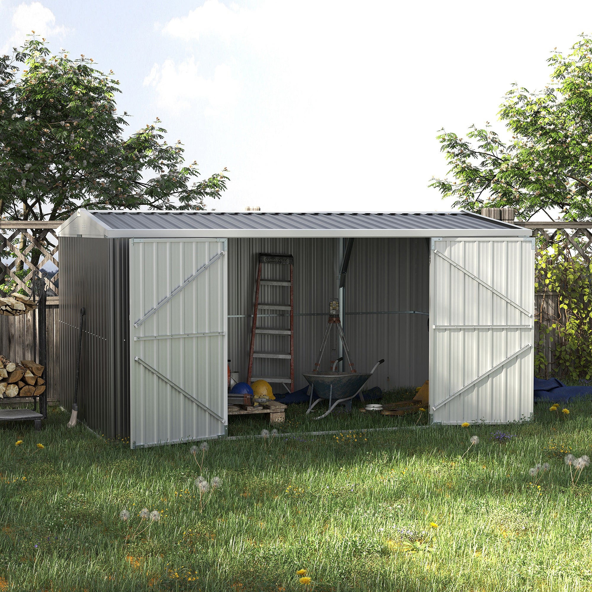 Outsunny 14 x 9 ft Lockable Garden Shed Large Patio Roofed Tool Metal Storage Building Foundation Sheds Box Outdoor Furniture, Grey - anydaydirect