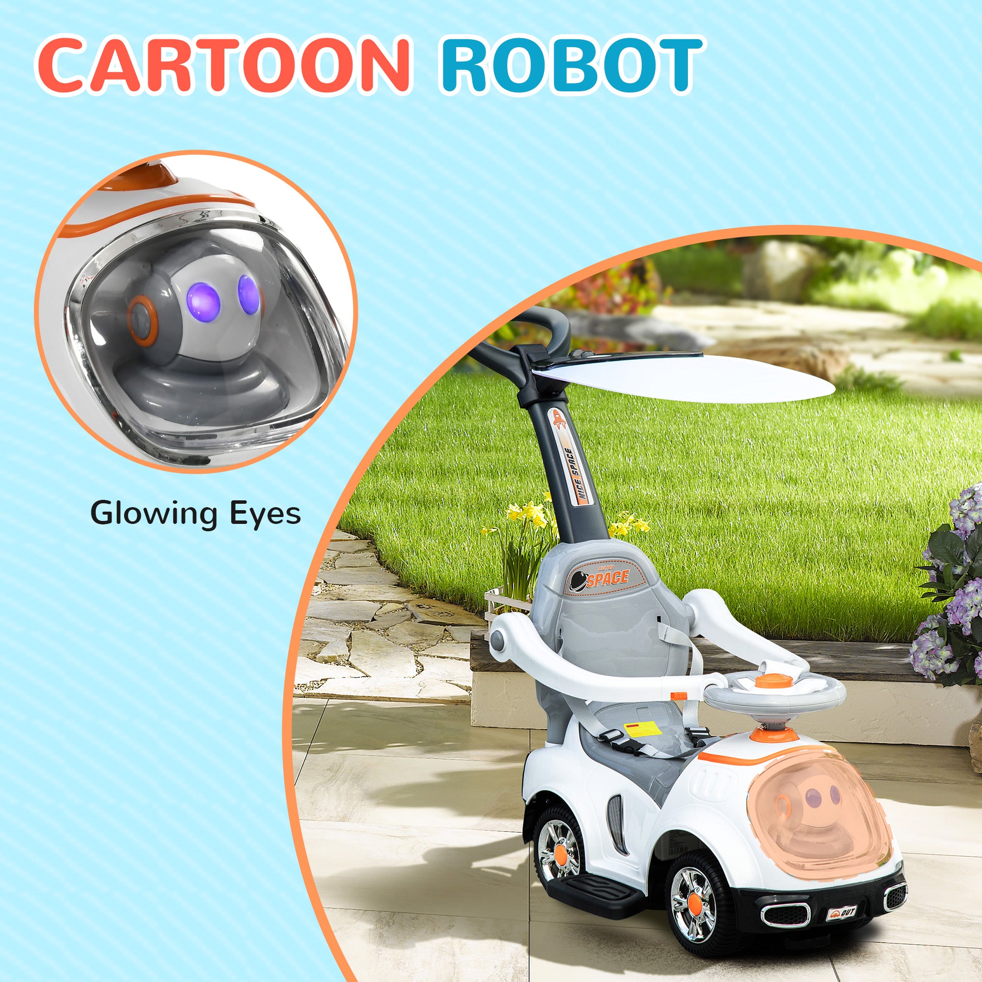 AIYAPLAY 3 in 1 Ride on Push Car, Cartoon Robot Theme Foot to Floor Slider w/ Handle Light Music Horn, Storage - White - anydaydirect