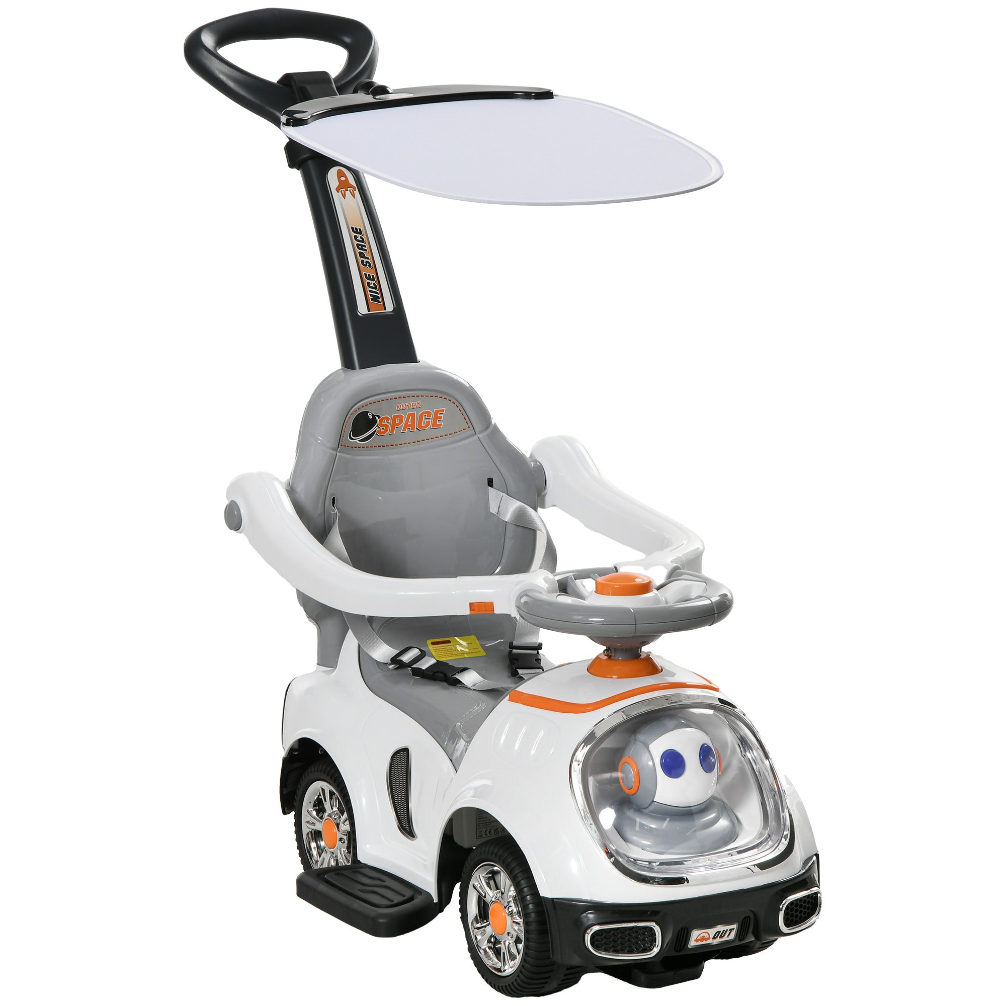 AIYAPLAY 3 in 1 Ride on Push Car, Cartoon Robot Theme Foot to Floor Slider w/ Handle Light Music Horn, Storage - White - anydaydirect