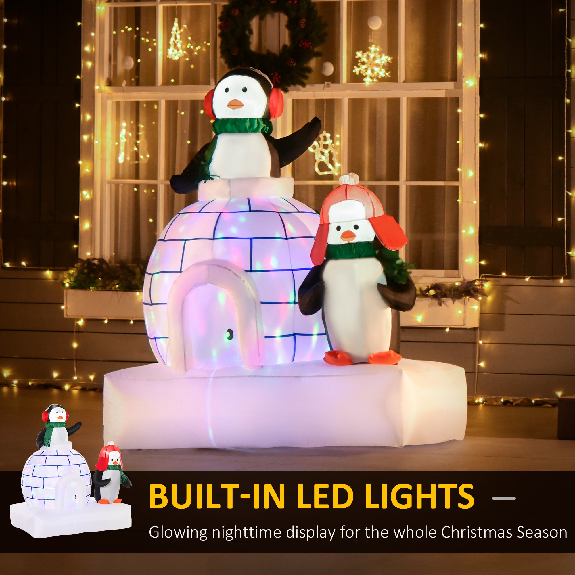 HOMCOM 1.5m Christmas Inflatable Two Penguins Wearing a Scarf w/ Ice House Blow Up Decor Home Indoors w/ Built-in LED Lights Toys in Garden - anydaydirect