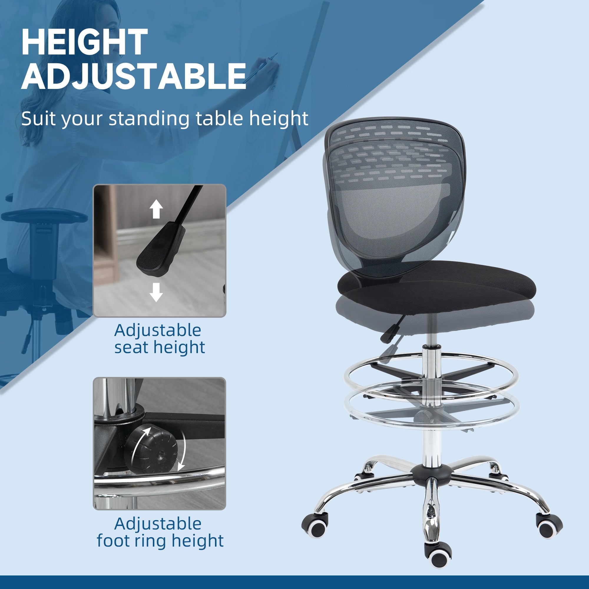 Vinsetto Drafting Chair, Swivel Office Draughtsman Chair, Mesh Standing Desk Chair with Adjustable Foot Ring, Armless, Grey - anydaydirect