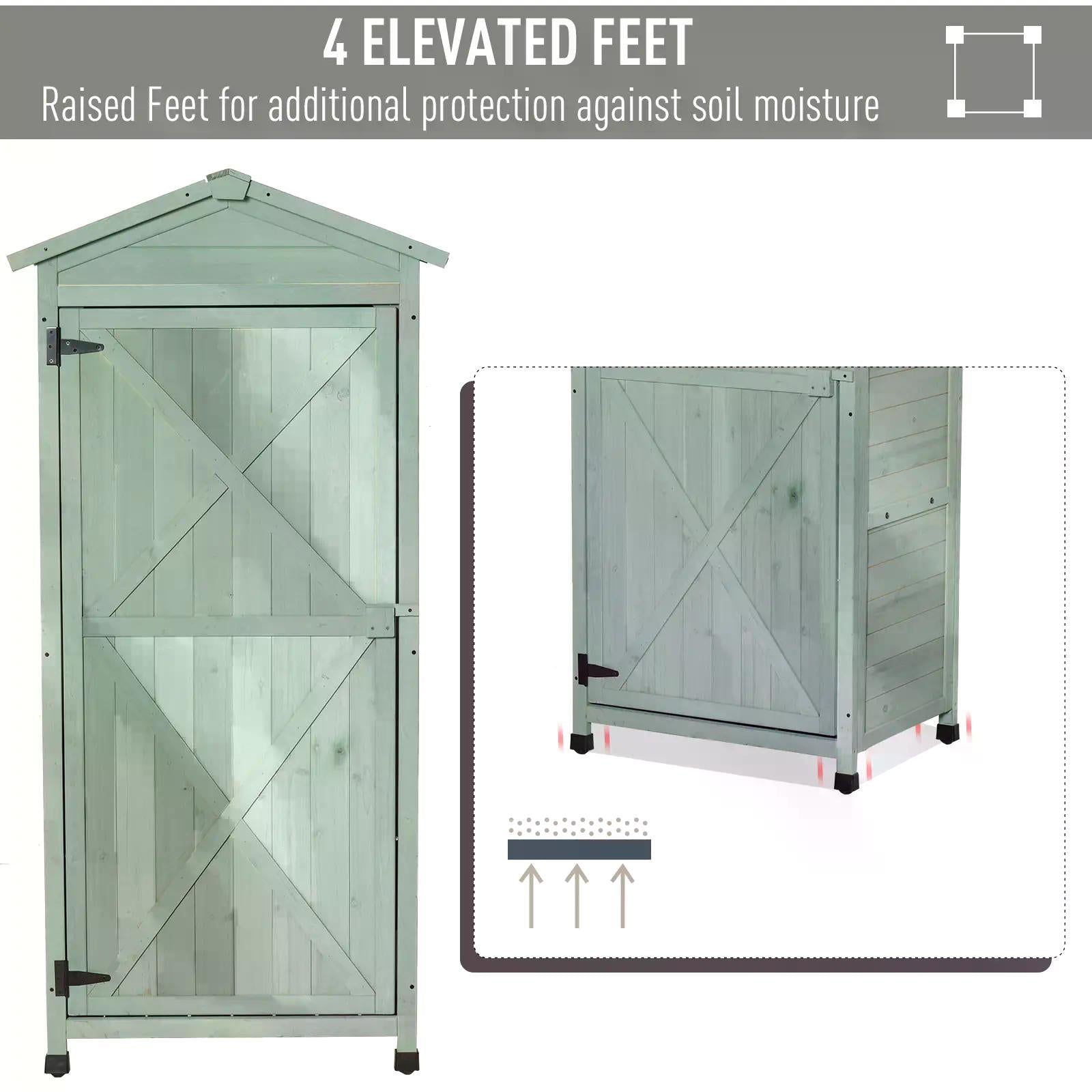 Outsunny Wooden Garden Cabinet 3-Tier Storage Shed 2 Shelves Lockable Organizer with Hooks Foot Pad 74 x 55 x 155cm Green - anydaydirect