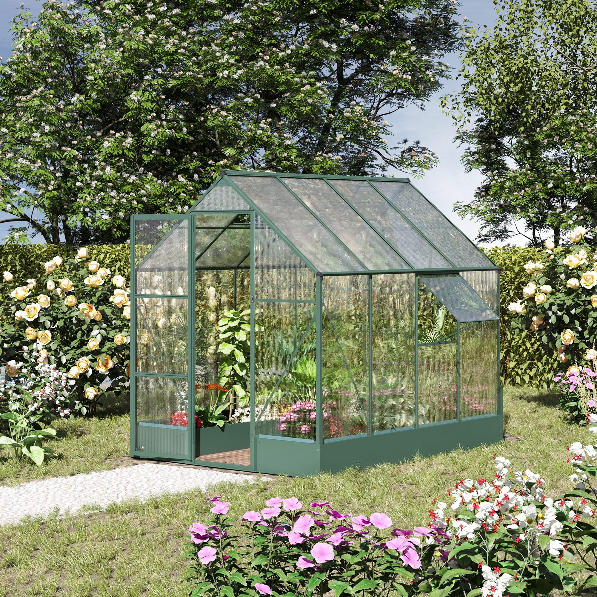 Outsunny Garden Walk-in Aluminium Greenhouse Polycarbonate with Plant Bed, Temperature Controlled Window, Foundation, 6 x 8ft - anydaydirect