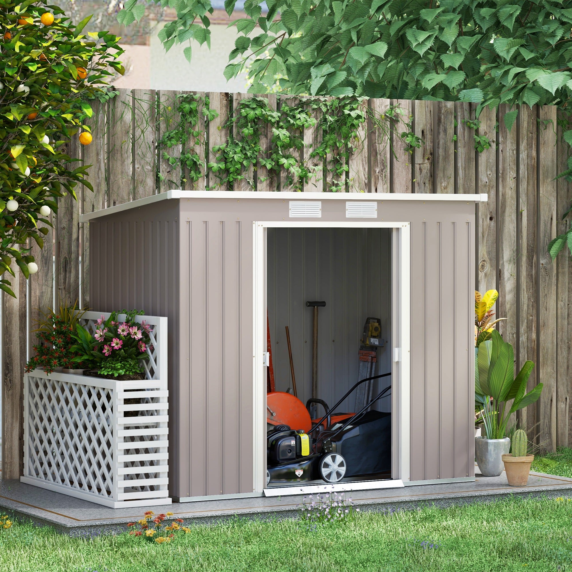 Outsunny Outdoor Garden Metal Equipment Tool Storage Shed w/ Foundation, Double Door, Vents and Sloped Roof, Grey - anydaydirect