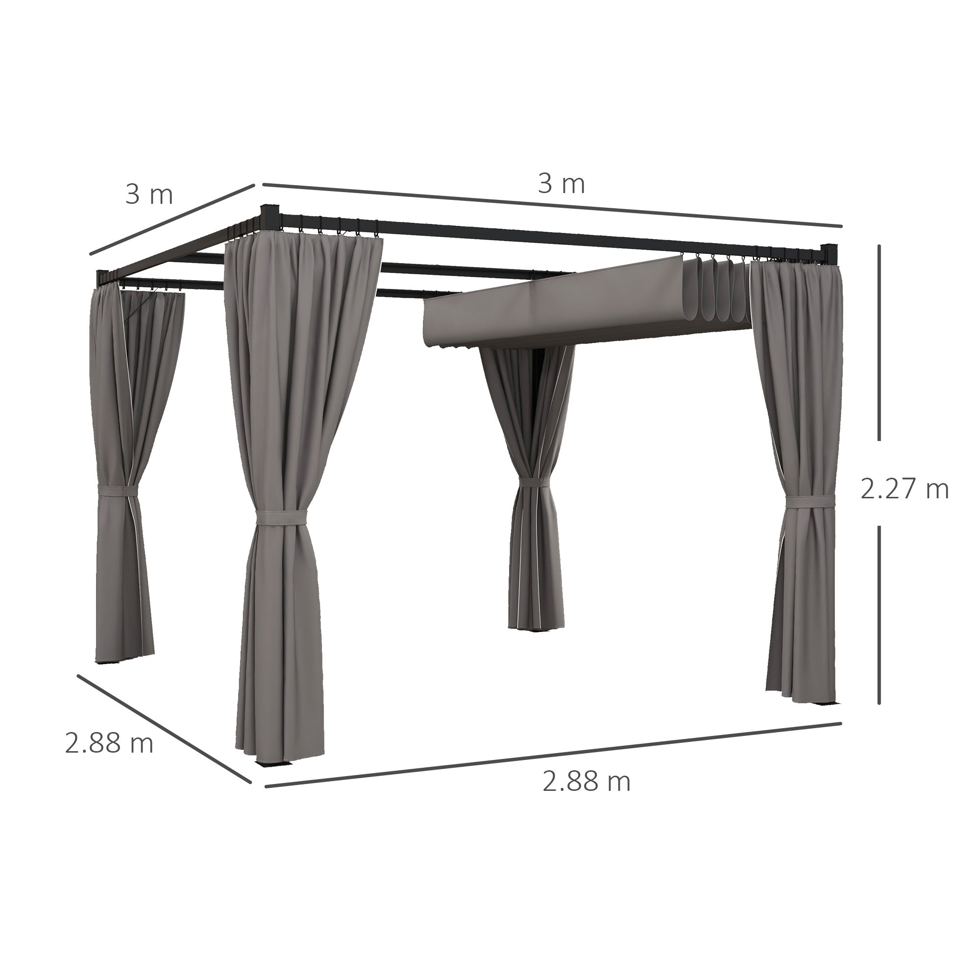 Outsunny 3 x 3m Moving Canopy Metal Pergola, with Curtains - Grey - anydaydirect