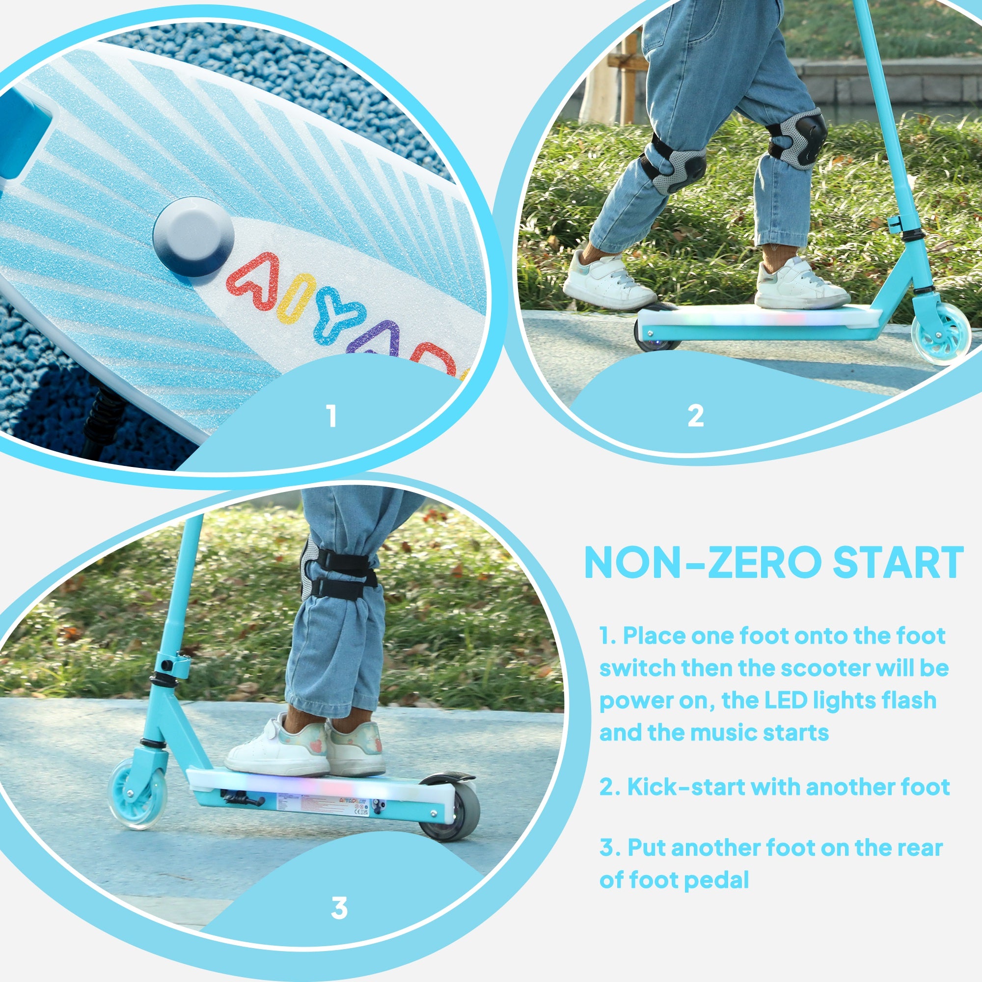 AIYAPLAY Electric Scooter for Kids Ages 4-7, with Auxiliary Rear Wheels, Flashing LED Light and Electric Brake, Kids Electric Scooter for Boys Girls, 6 KM/H & 8 KM, Blue - anydaydirect