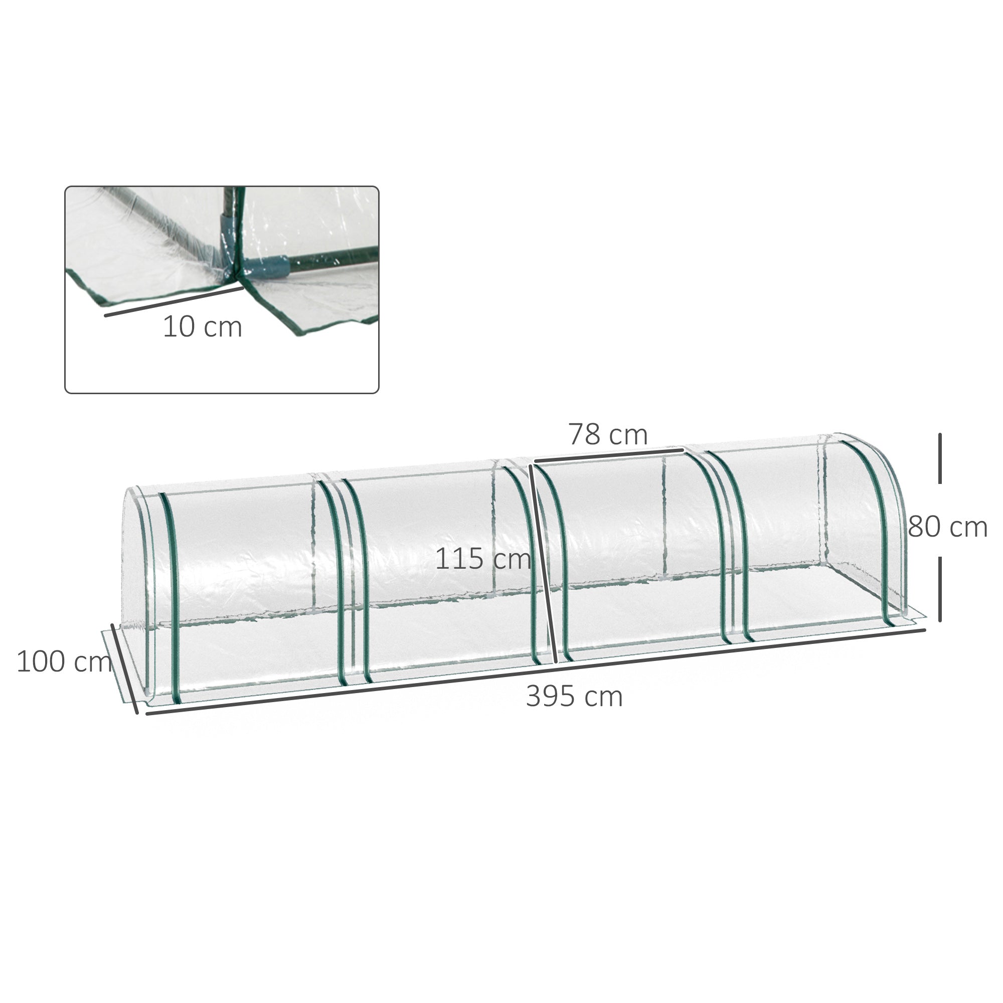 Outsunny Medium Greenhouse, Small Polytunnel Green House with Zipped Doors, Steel Frame for Garden Backyard, 395 x 100 x 80cm, Clear - anydaydirect