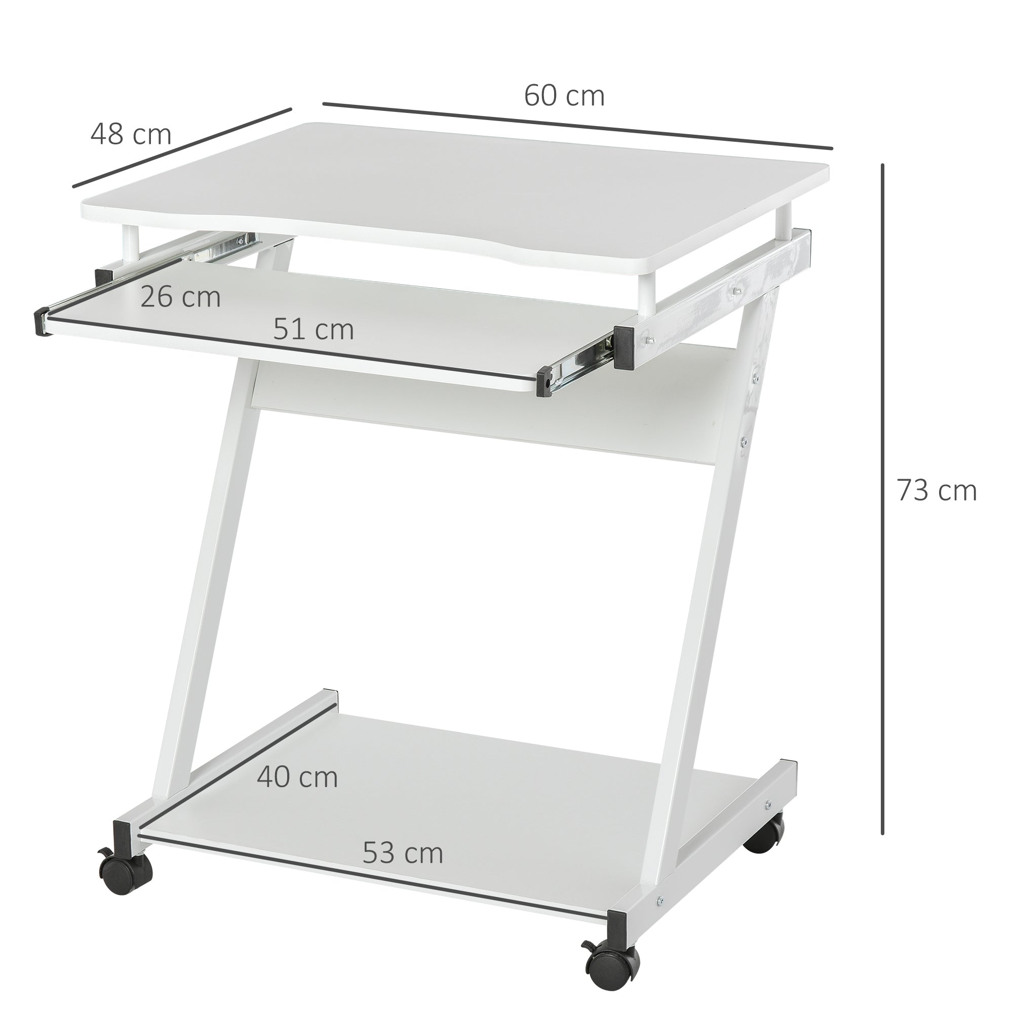 HOMCOM Movable Computer Desk with 4 Moving Wheels Sliding Keyboard Tray Home Office Workstation White - anydaydirect