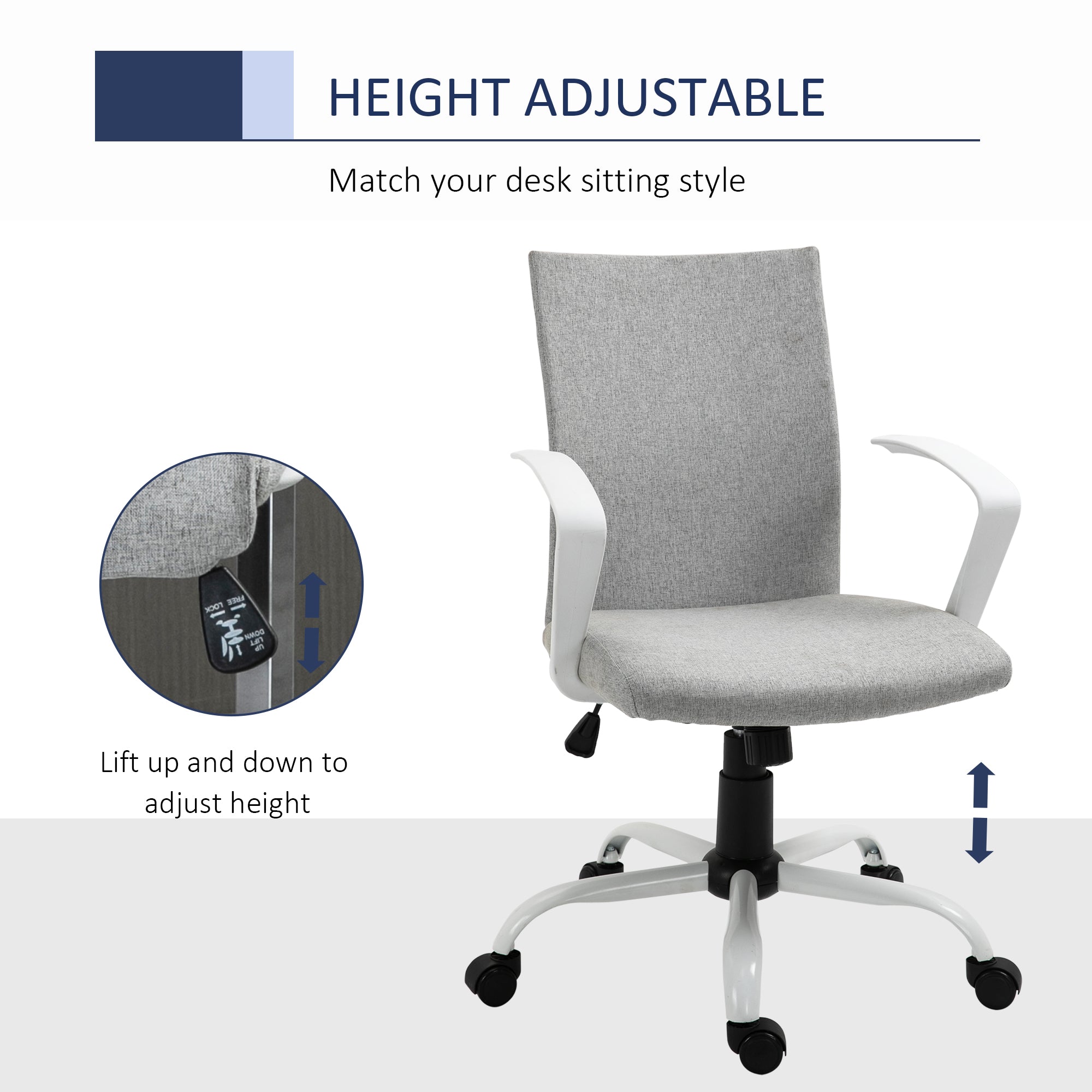 Vinsetto Office Chair Linen Swivel Computer Desk Chair Home Study Task Chair with Wheels, Arm, Adjustable Height, Light Grey - anydaydirect