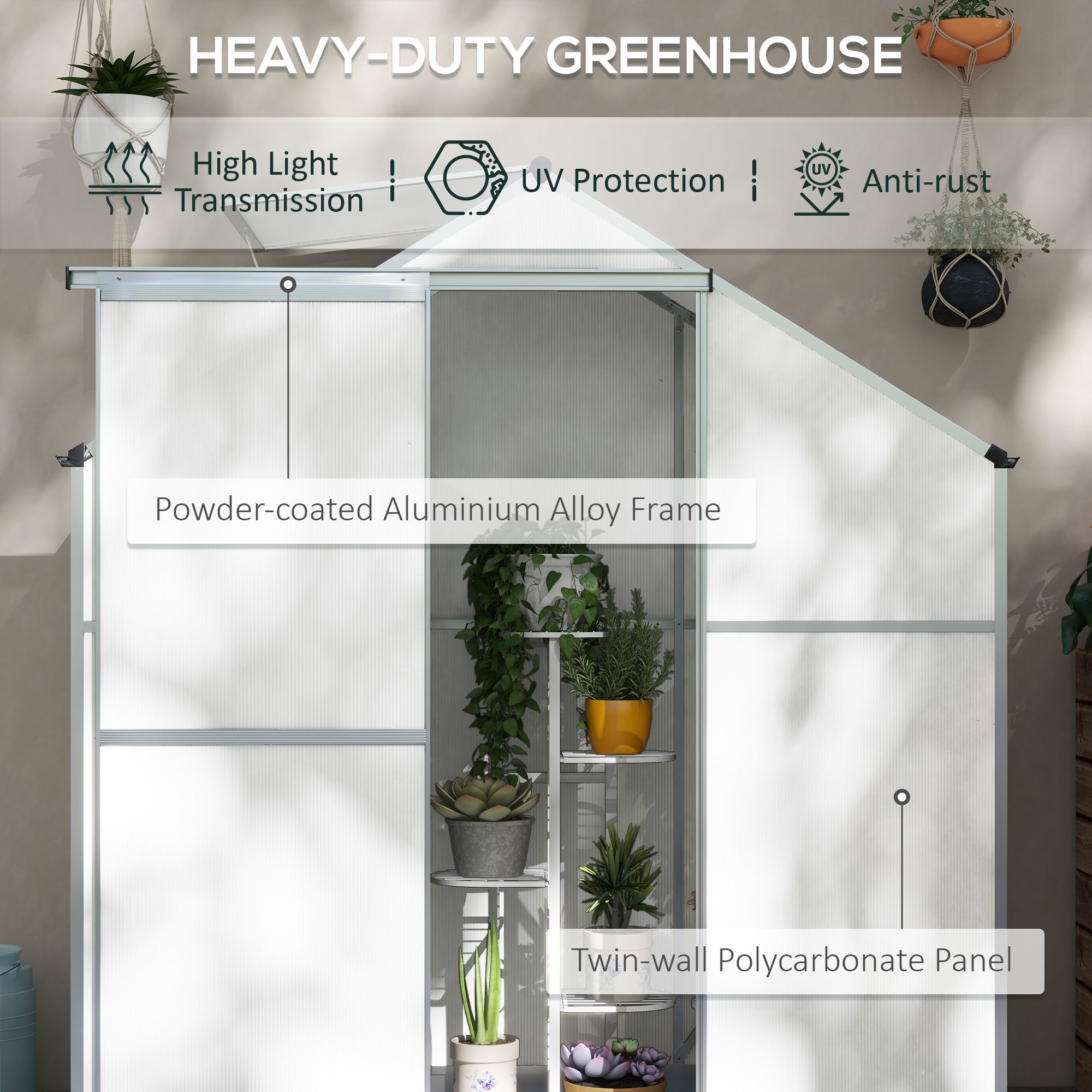 Outsunny 6 x 2.5ft Polycarbonate Greenhouse Walk-In Green House with Rain Gutter, Sliding Door, Window, Foundation, Silver - anydaydirect