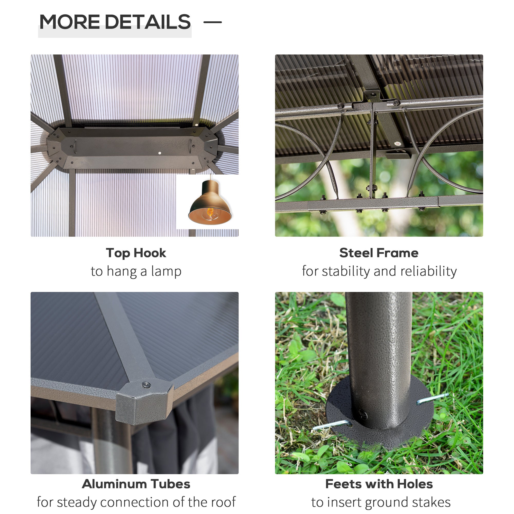 Outsunny 3 x 3.6m Hardtop Gazebo Canopy with Polycarbonate Roof, Permanent Pavilion Garden Gazebo with Curtains for Patio, Deck, Grey - anydaydirect