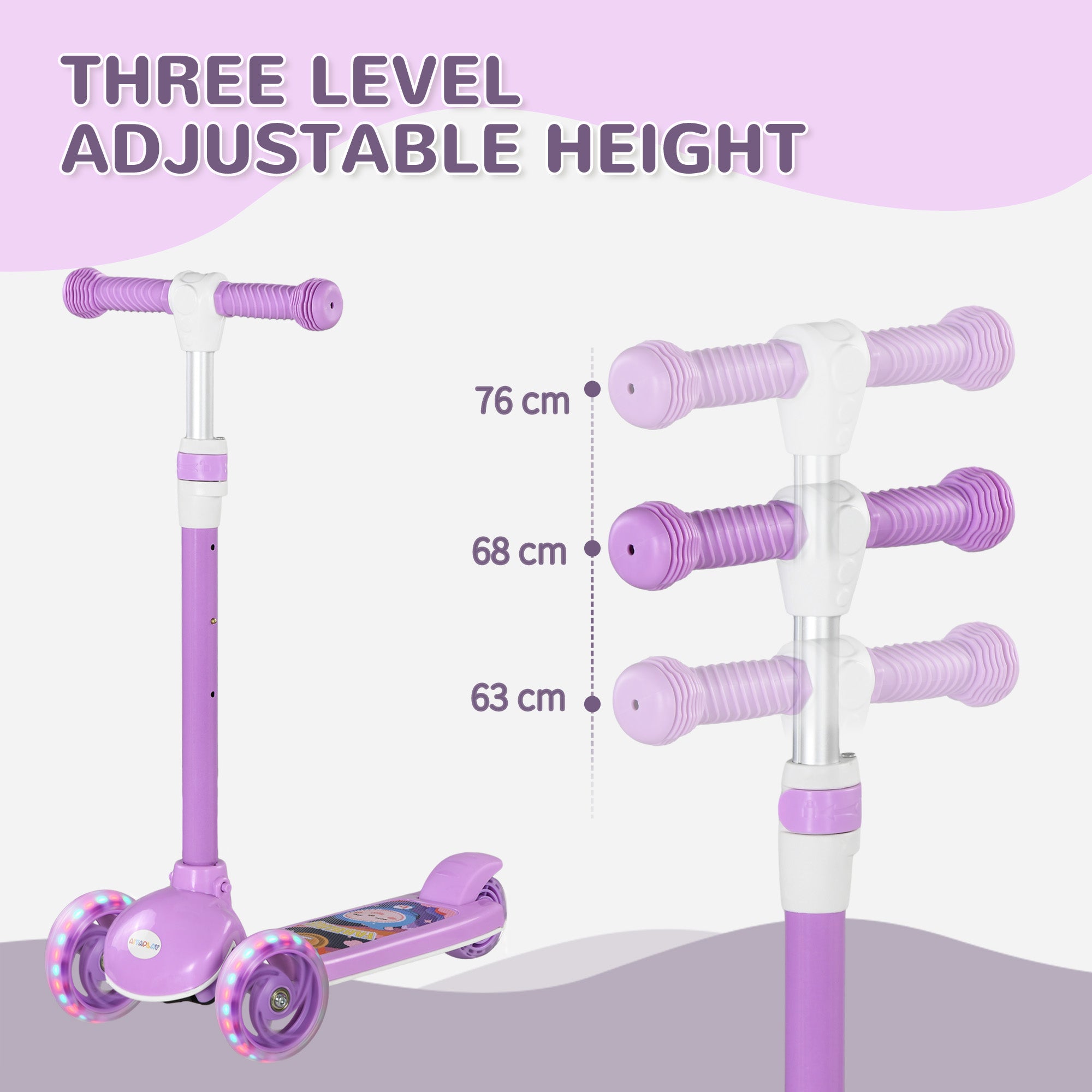AIYAPLAY Kids 3 Wheel Scooter for 2-6 Years Old w/ Adjustable Height, LED Light, TPE Handlebar, Purple - anydaydirect