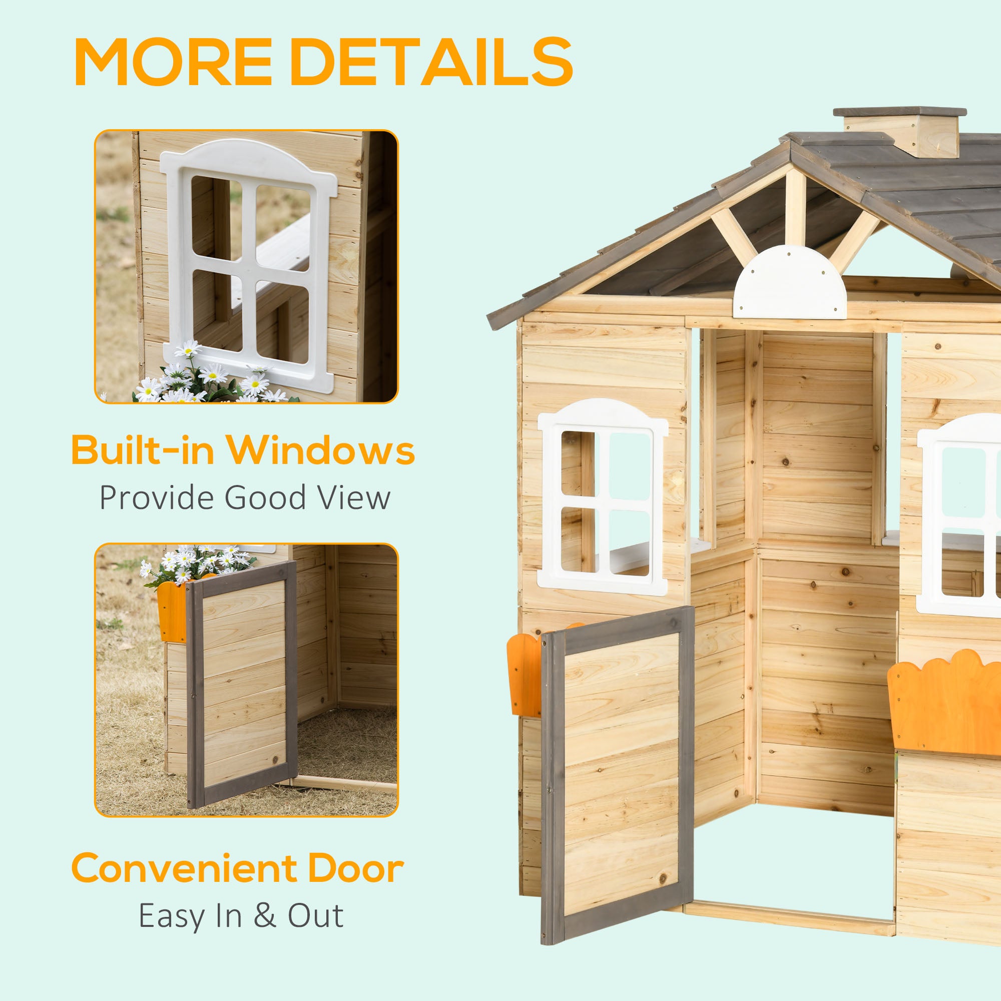 Outsunny Wooden Playhouse for Kids Outdoor Wendy House with Door, windows, Bench, Service Stations, Flowerpot Holder, For Ages 3-7 Years - anydaydirect