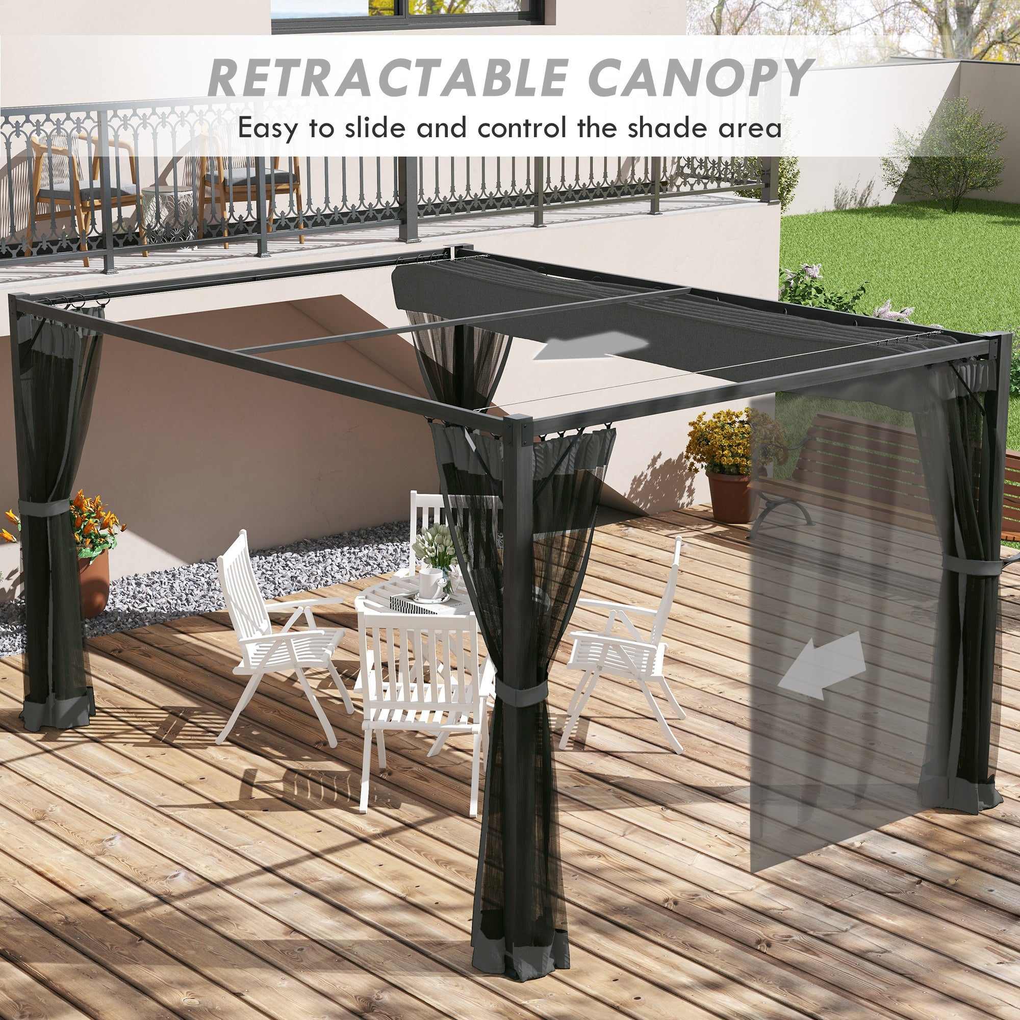 Outsunny 3 x 4m Aluminium Frame Pergola, with Retractable Roof - Dark Grey - anydaydirect