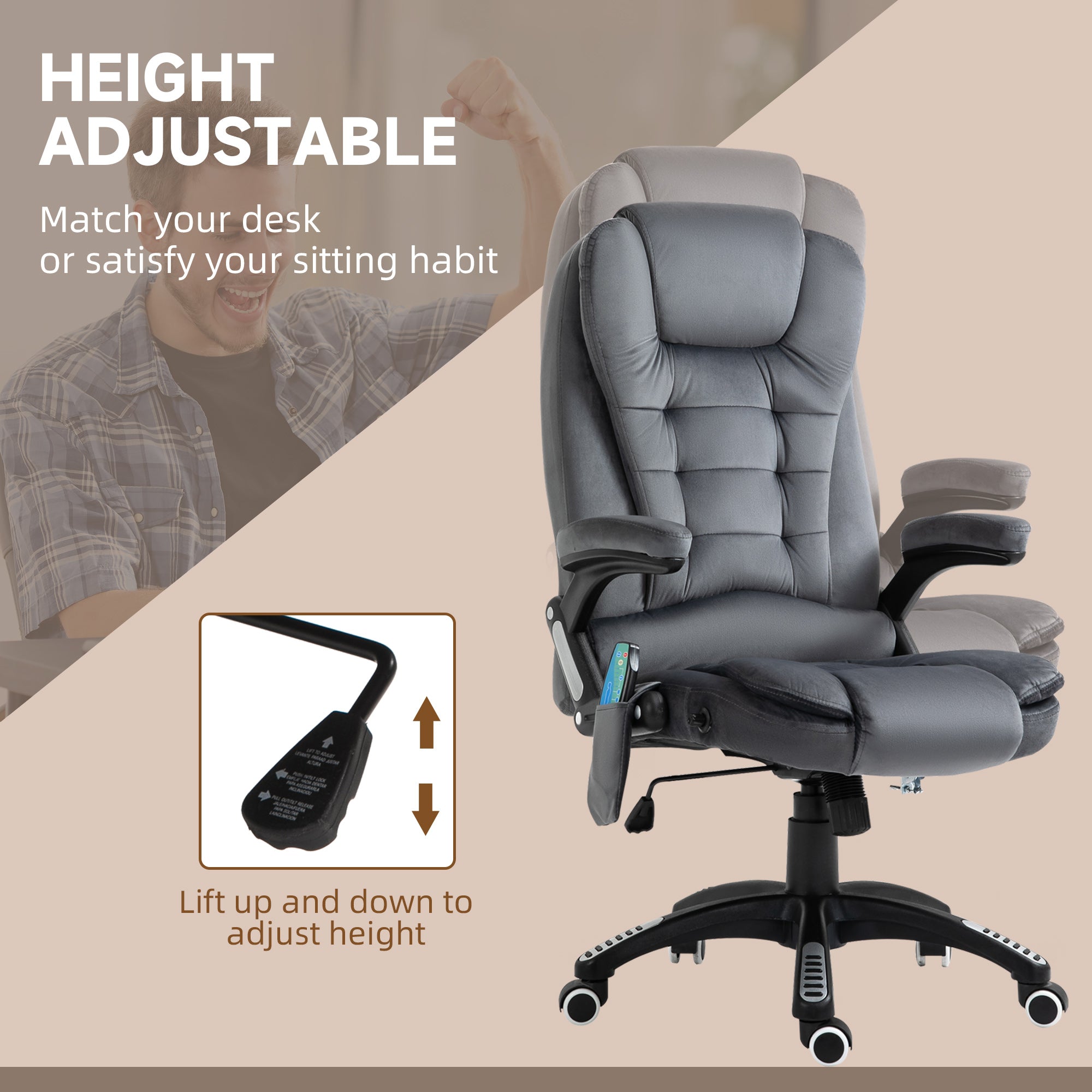 Vinsetto Massage Recliner Chair Heated Office Chair with Six Massage Points Velvet-Feel Fabric 360° Swivel Wheels Grey - anydaydirect