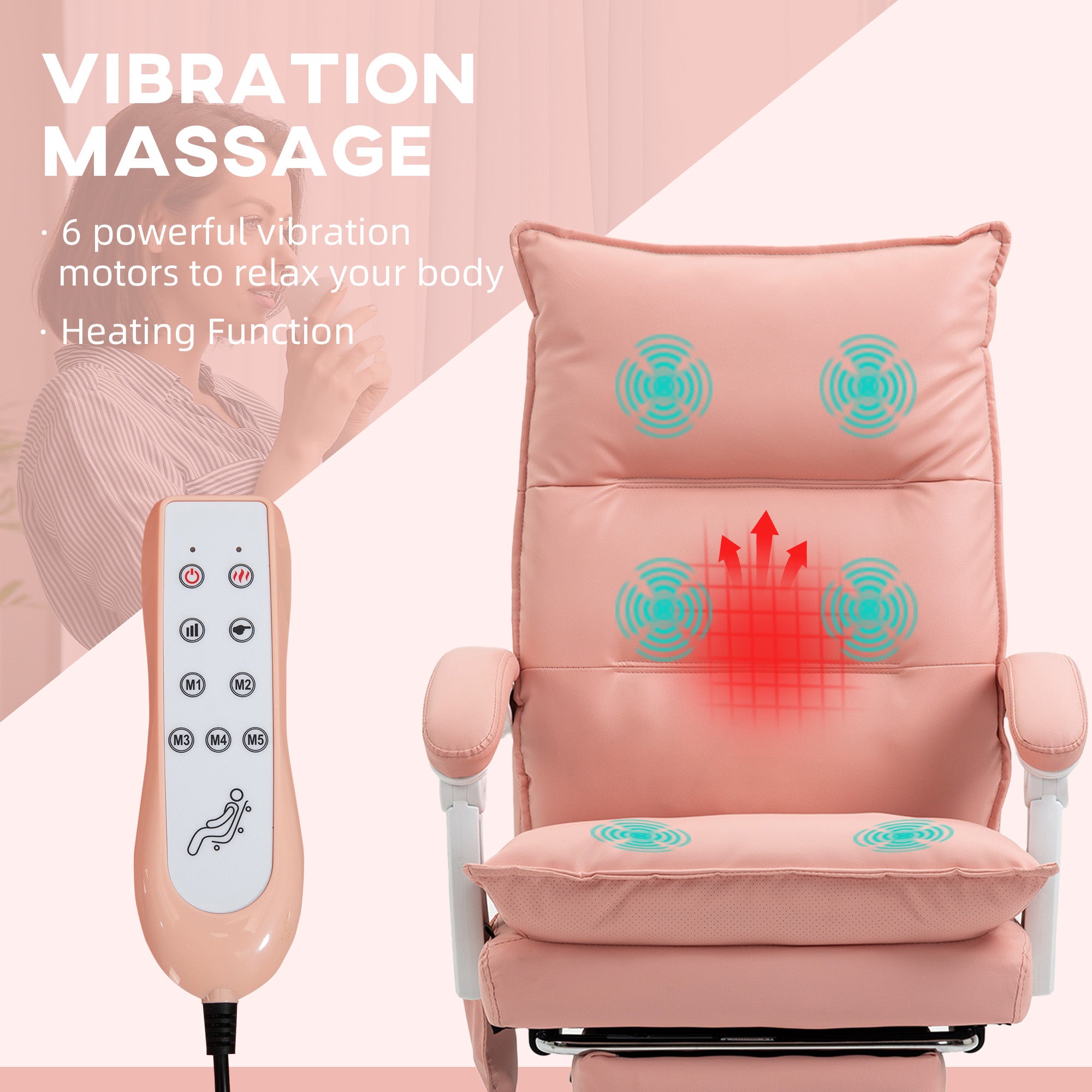 Vinsetto Vibration Massage Office Chair with Heat, Ergonomic Computer Desk Chairs, Faux Leather Desk Chair with Footrest, Armrest and Reclining Backrest, Pink - anydaydirect
