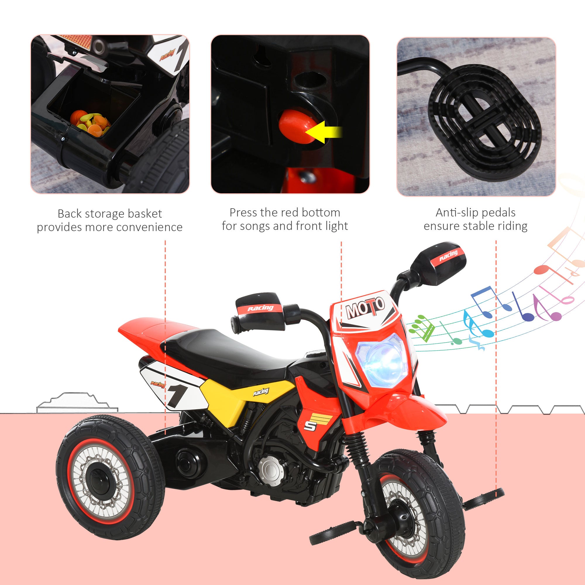 HOMCOM Toddlers 3-Wheel PP Ride On Pedal Trike w/ Music, Front Light, Racing-style for Kids aged 18-36 months, Red - anydaydirect