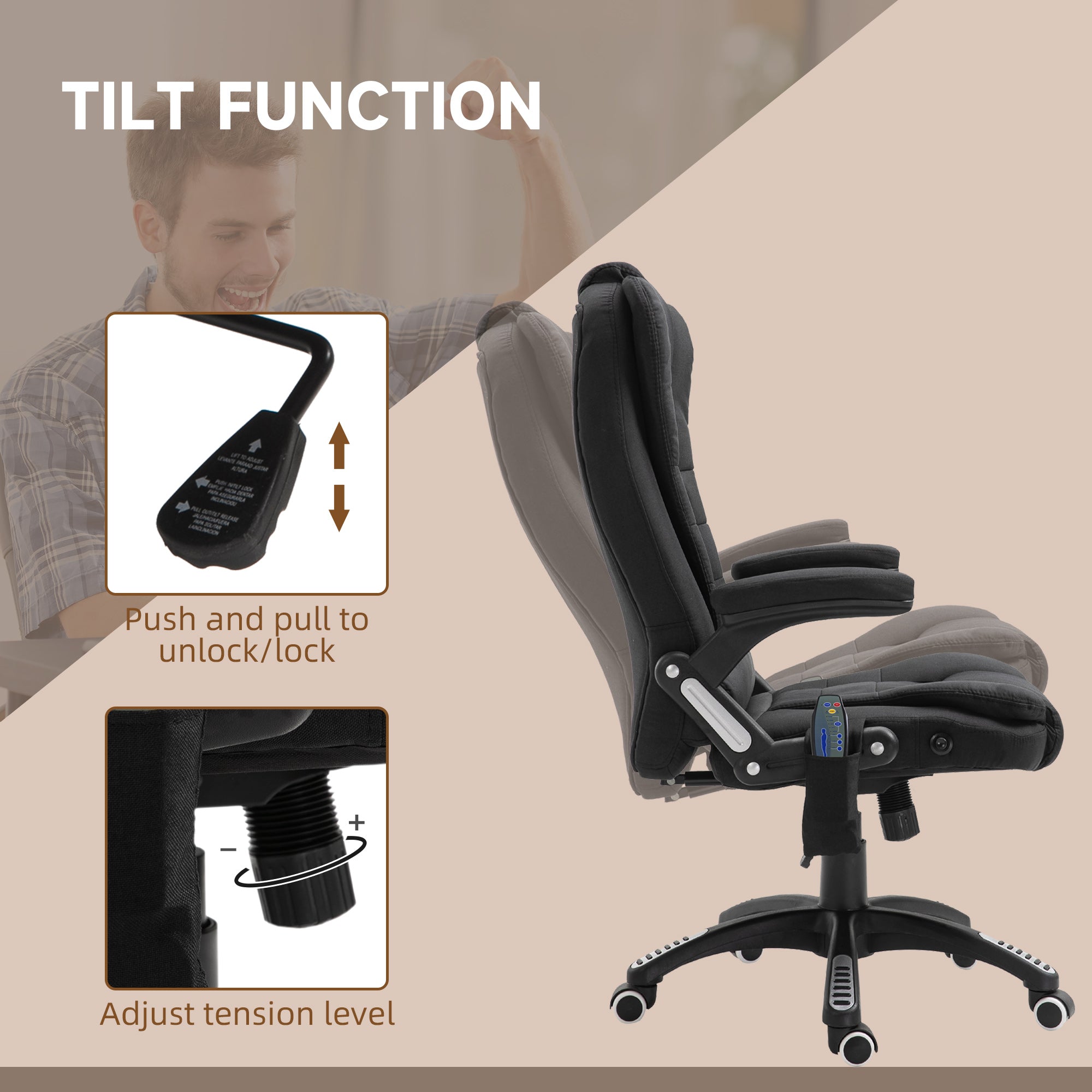 Vinsetto Massage Recliner Chair Heated Office Chair with Six Massage Points Linen-Feel Fabric 360° Swivel Wheels Black - anydaydirect