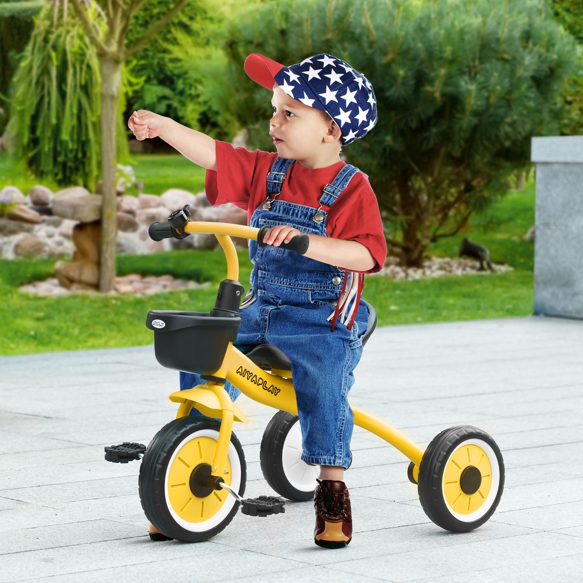 AIYAPLAY Toddler Trike: Adjustable Seat, Storage Basket & Bell, Durable Tricycle for 2-5 Years, Sunny Yellow - anydaydirect