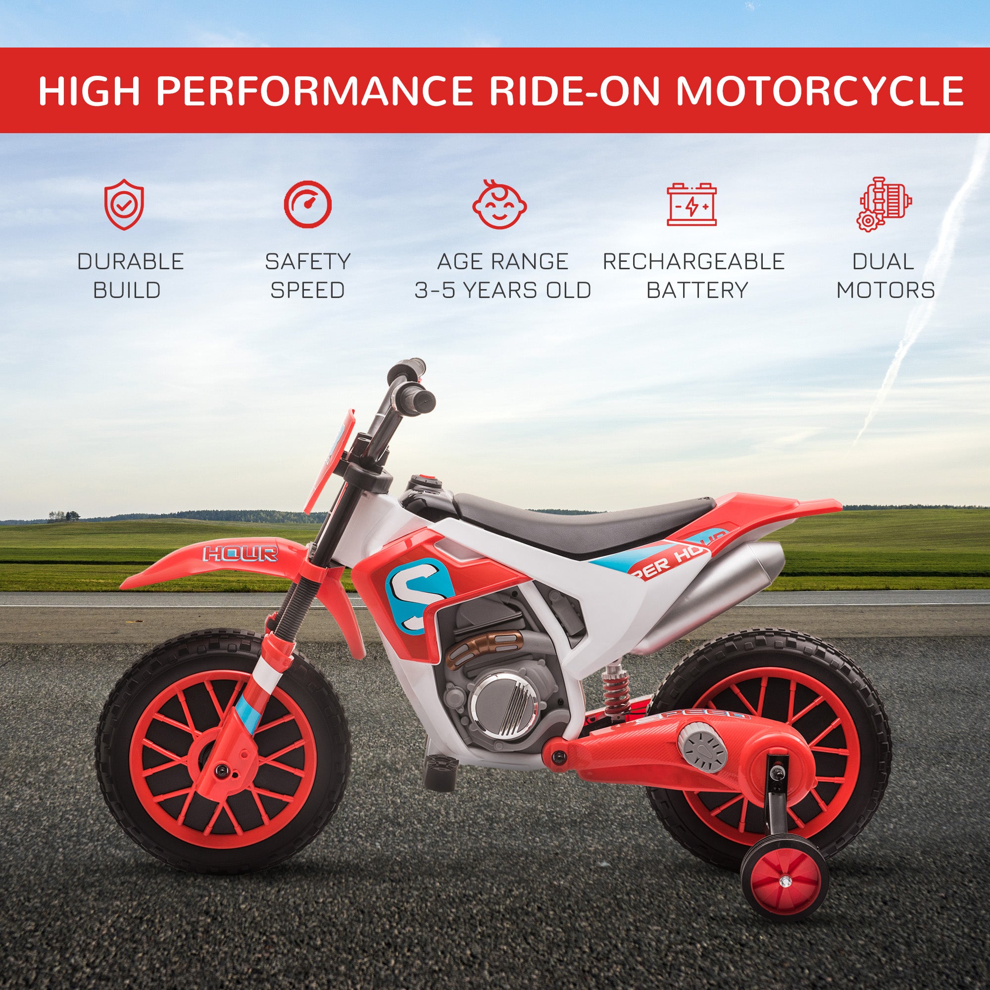 HOMCOM Kids' Electric Motorbike: 12V Ride-On with Training Wheels, Youthful Thrill for Ages 3-6, Red - anydaydirect