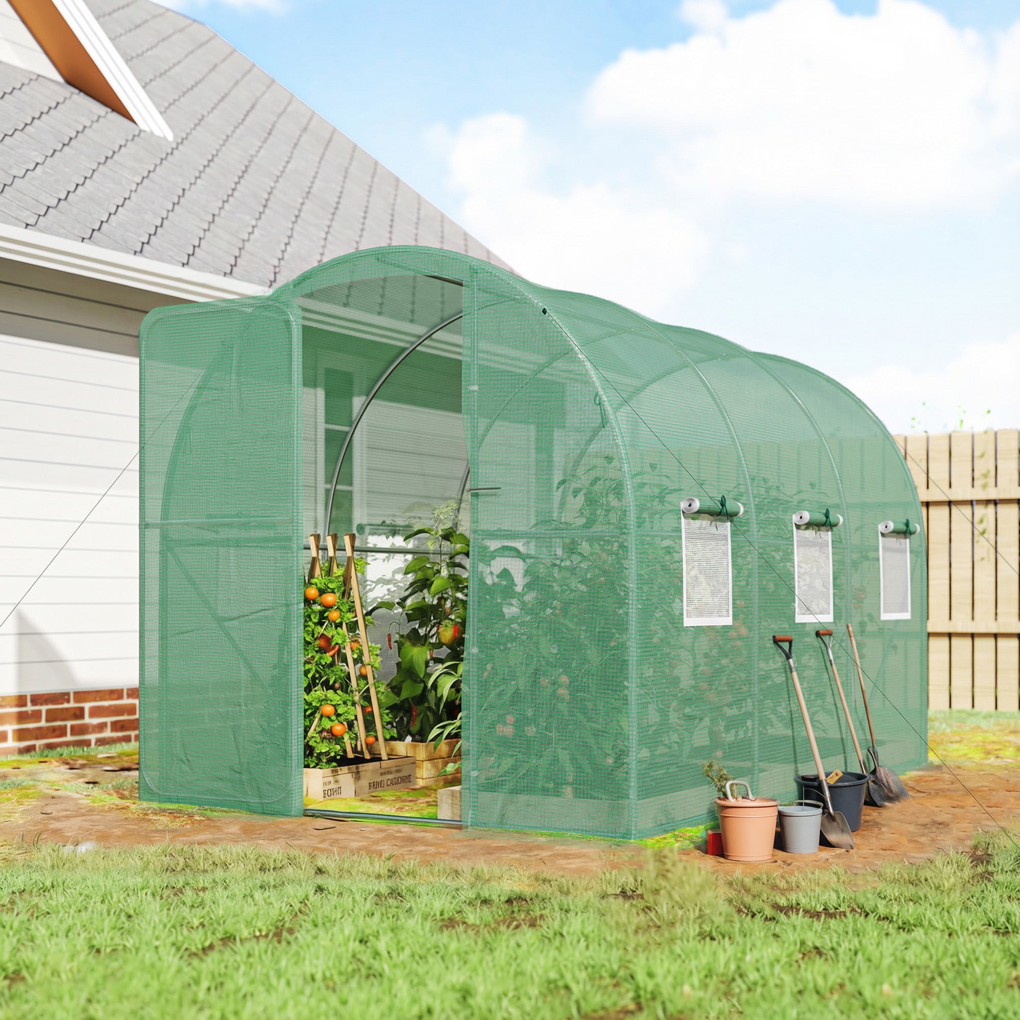 Outsunny 2 x 3 m Walk-in Polytunnel Greenhouse with Hinged Door and 6 Roll Up Mesh Windows, Garden Tunnel Warm House Tent, Green - anydaydirect