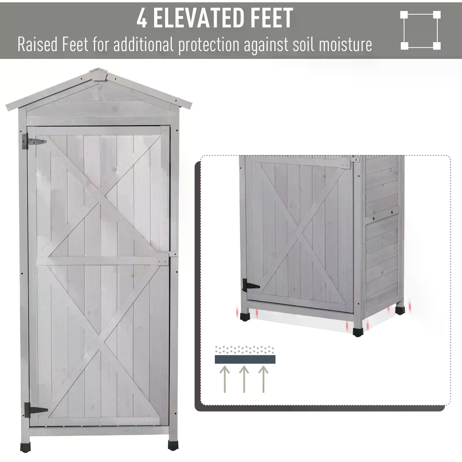 Outsunny Wooden Garden Cabinet 3-Tier Storage Shed 2 Shelves Lockable Organizer with Hooks Foot Pad 74 x 55 x 155cm Light Grey - anydaydirect