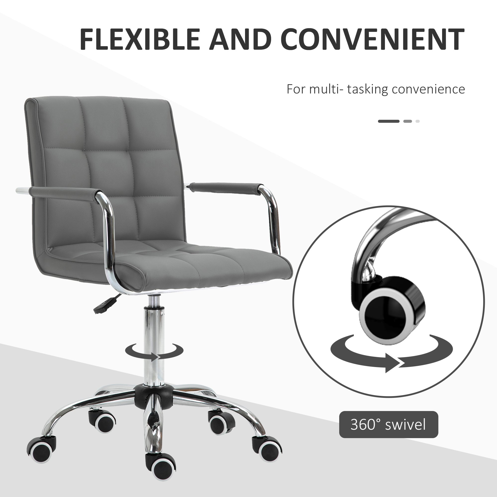 Vinsetto PU Leather Home Office Desk Chair, Computer Chair with Mid Back, Arm, Swivel Wheels, Adjustable Height, Grey - anydaydirect