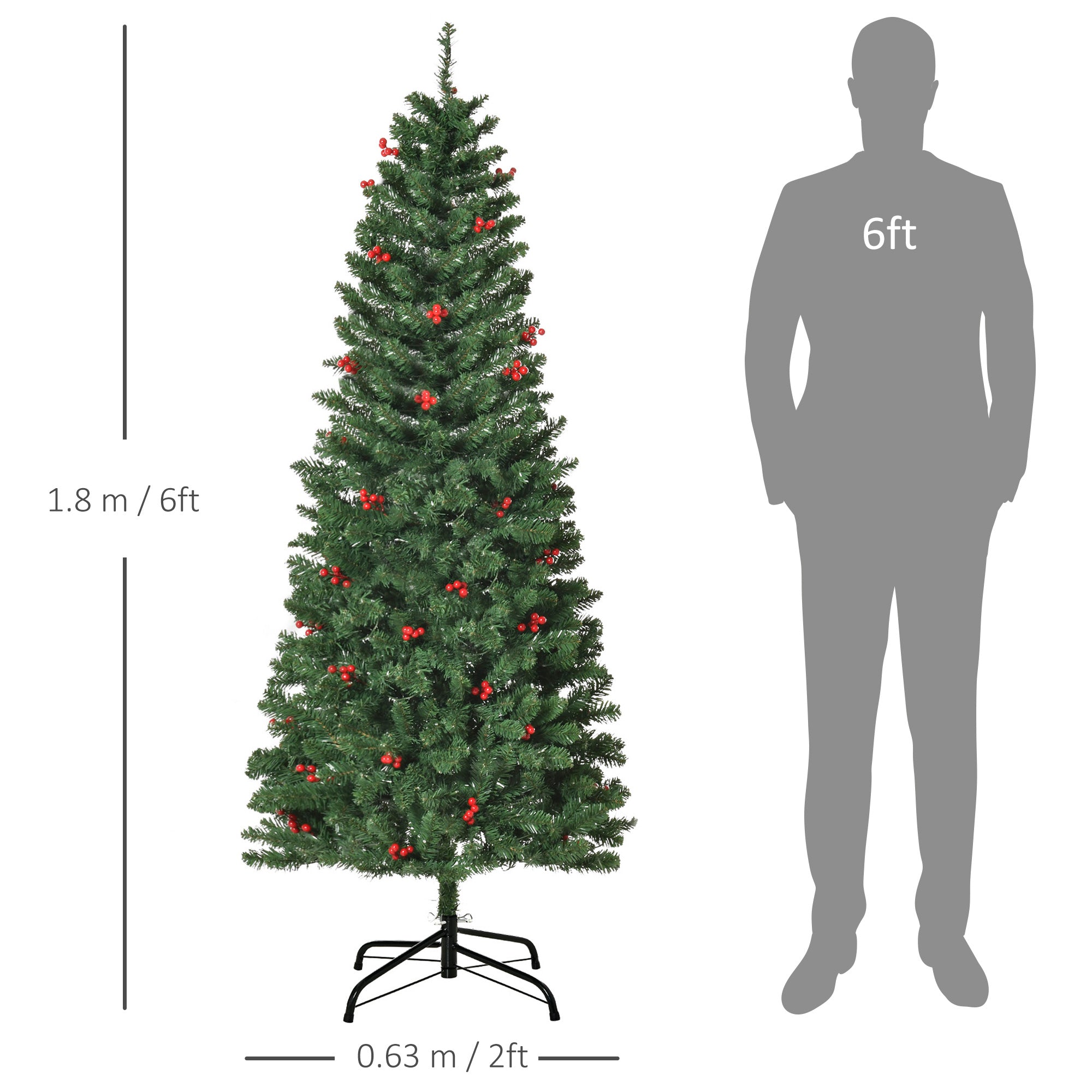 HOMCOM 6FT Prelit Artificial Pencil Christmas Tree with Warm White LED Light, Red Berry, Holiday Home Xmas Decoration, Green - anydaydirect