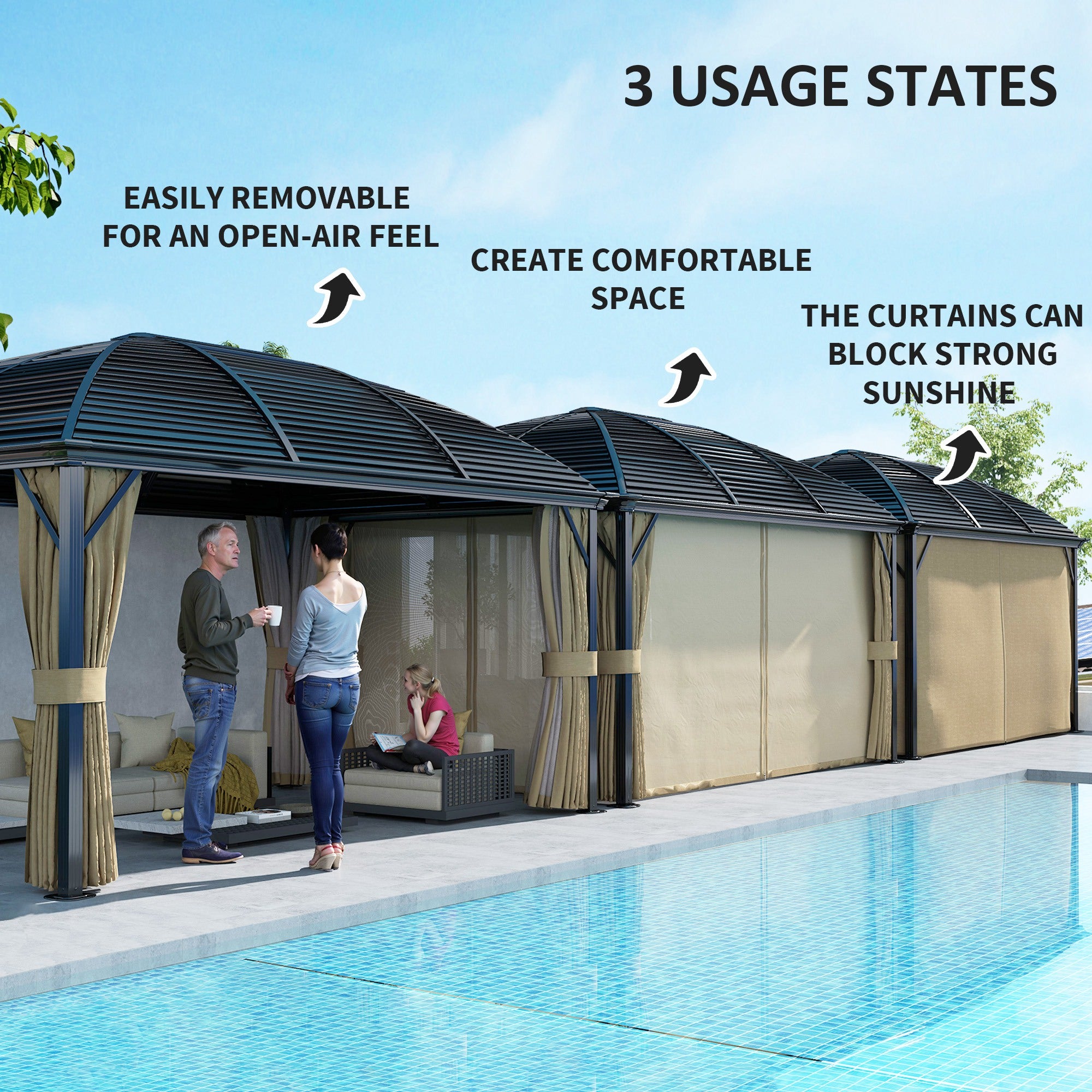 Outsunny 3 x 4m Hardtop Gazebo Canopy with Metal Roof, Aluminium Gazebo Permanent Pavilion with Netting and Curtains, Brown - anydaydirect