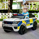 HOMCOM 12V Kids Portable Electric Ride On Police Car with Parental Remote Control Siren Flashing Lights USB Bluetooth for 3-6 Years White - anydaydirect
