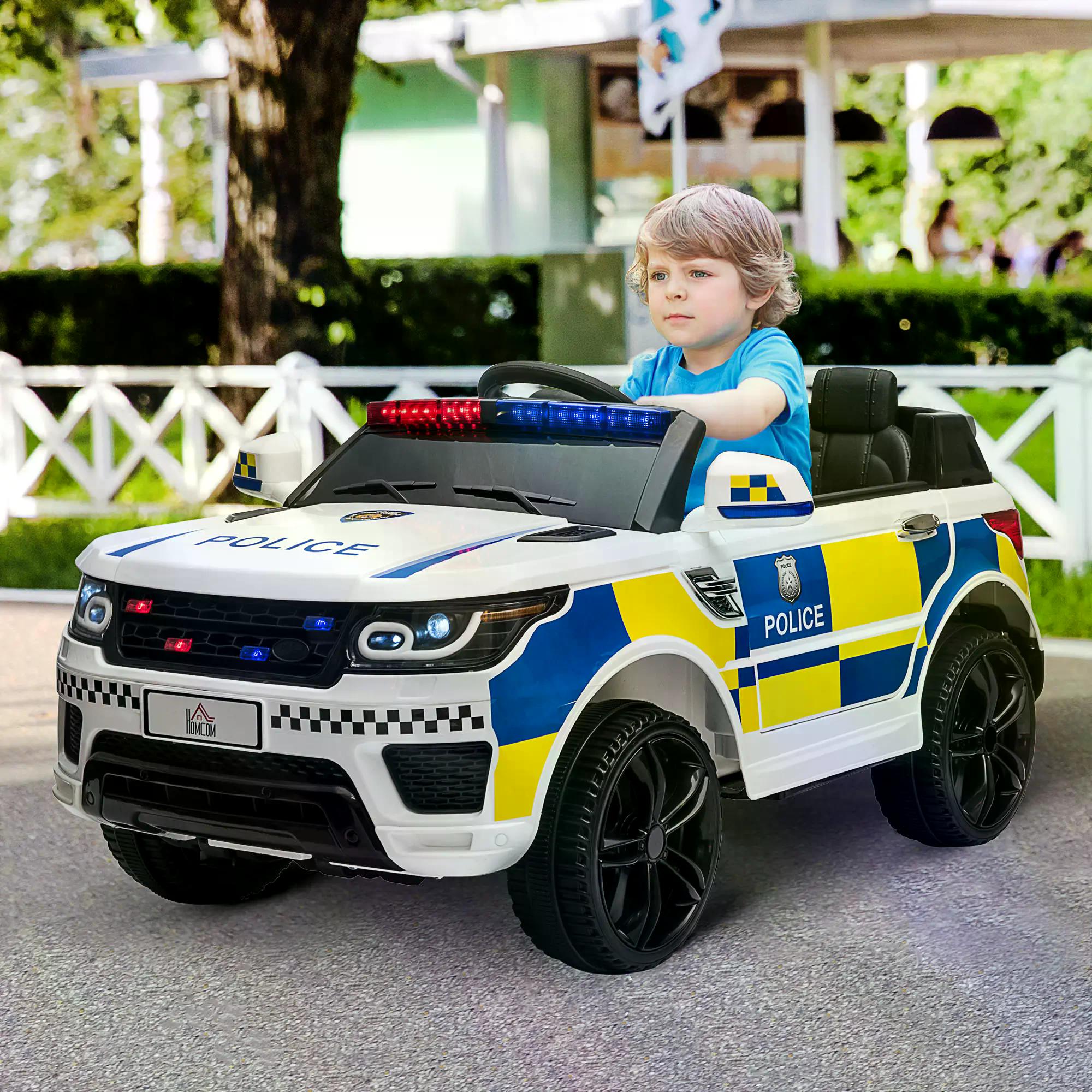 HOMCOM 12V Kids Portable Electric Ride On Police Car with Parental Remote Control Siren Flashing Lights USB Bluetooth for 3-6 Years White - anydaydirect