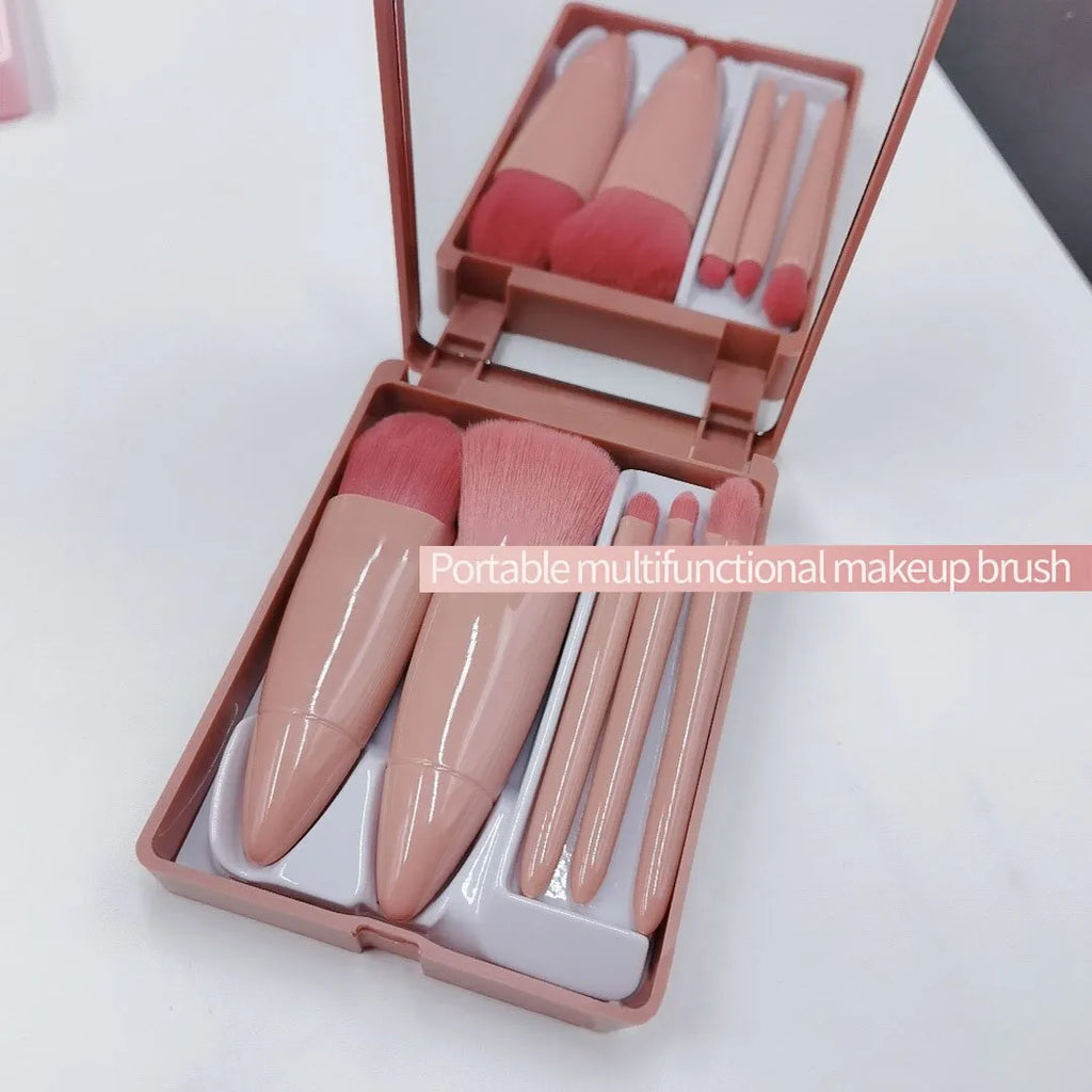 5 PCs Cosmetic Brush Portable Makeup Brush Travel With Mirror Box Makeup Set Brush Loose Brush Blush Brush Eyeshadow Brush - anydaydirect