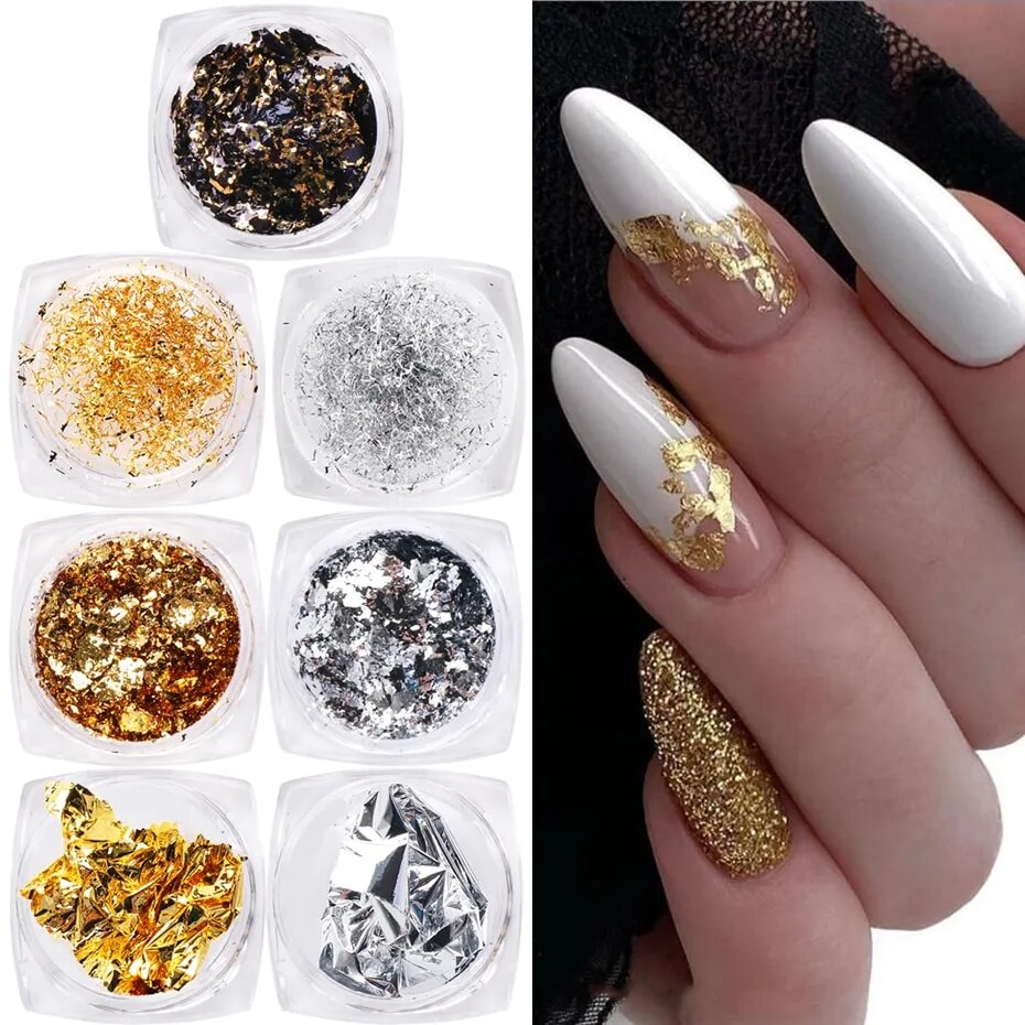 7 Boxes Aluminum Nail Flakes Foils Set Gold Silver Irregular Paillette Nail Art Sequins Decorations Glitter Sticker for Manicure - anydaydirect