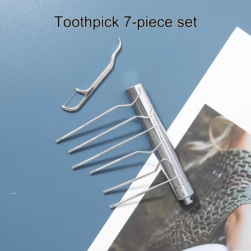 Stainless Steel Toothpick Set Portable Toothpick Holder Care Metal Dental Cleaning Tools Seven Pieces Set - anydaydirect