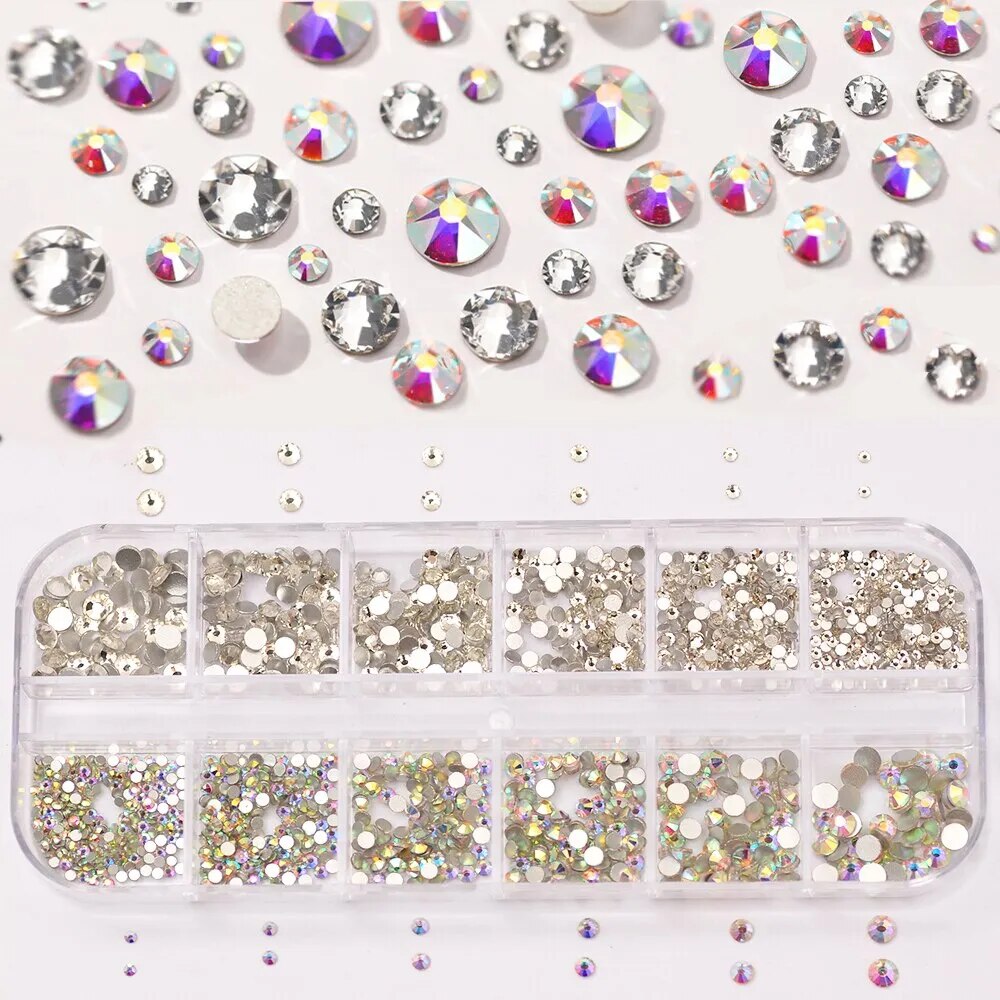 12 Grids Multi Sizes Nail Rhinestones Set Crystal AB Clear Gems with Crystal Pen Clips for DIY Nail Art Decorations - anydaydirect