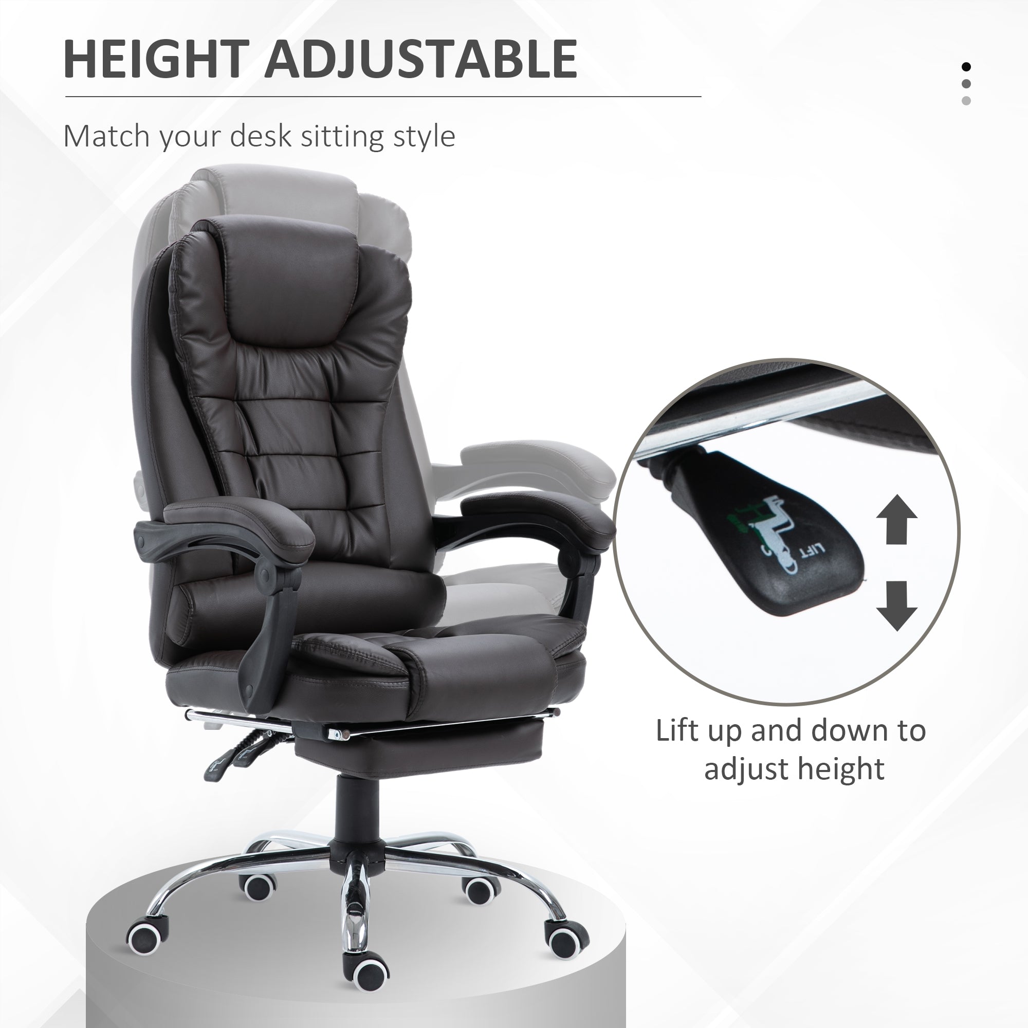 HOMCOM PU Leather Executive Office Chair, High Back Swivel Chair with Retractable Footrest, Adjustable Height, Reclining Function, Brown - anydaydirect