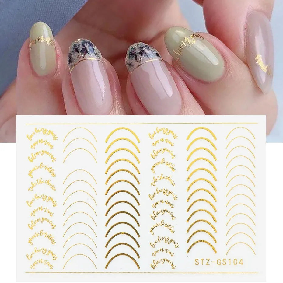 6pcs 3D Striping Tape Line Nail Stickers Rose Gold Metal Letters Decals Curved Strips Nails Art Sliders Manicure Decors - anydaydirect
