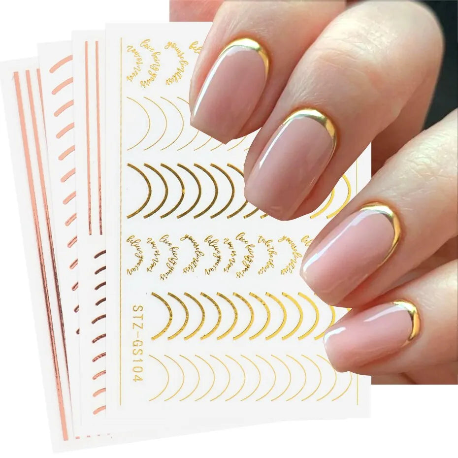 6pcs 3D Striping Tape Line Nail Stickers Rose Gold Metal Letters Decals Curved Strips Nails Art Sliders Manicure Decors - anydaydirect