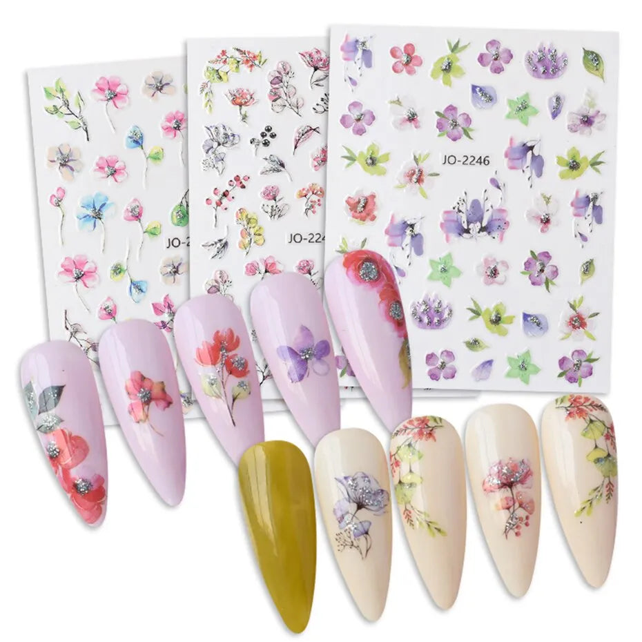 12pcs Design Shiny Flowers Nail Sticker 3D Pink Spring Blossom Nail Art Decals Green Leaves Sliders DIY Decorate Manicure - anydaydirect